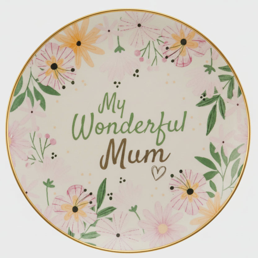Round decorative plate with floral design and 'My Wonderful Mum' text