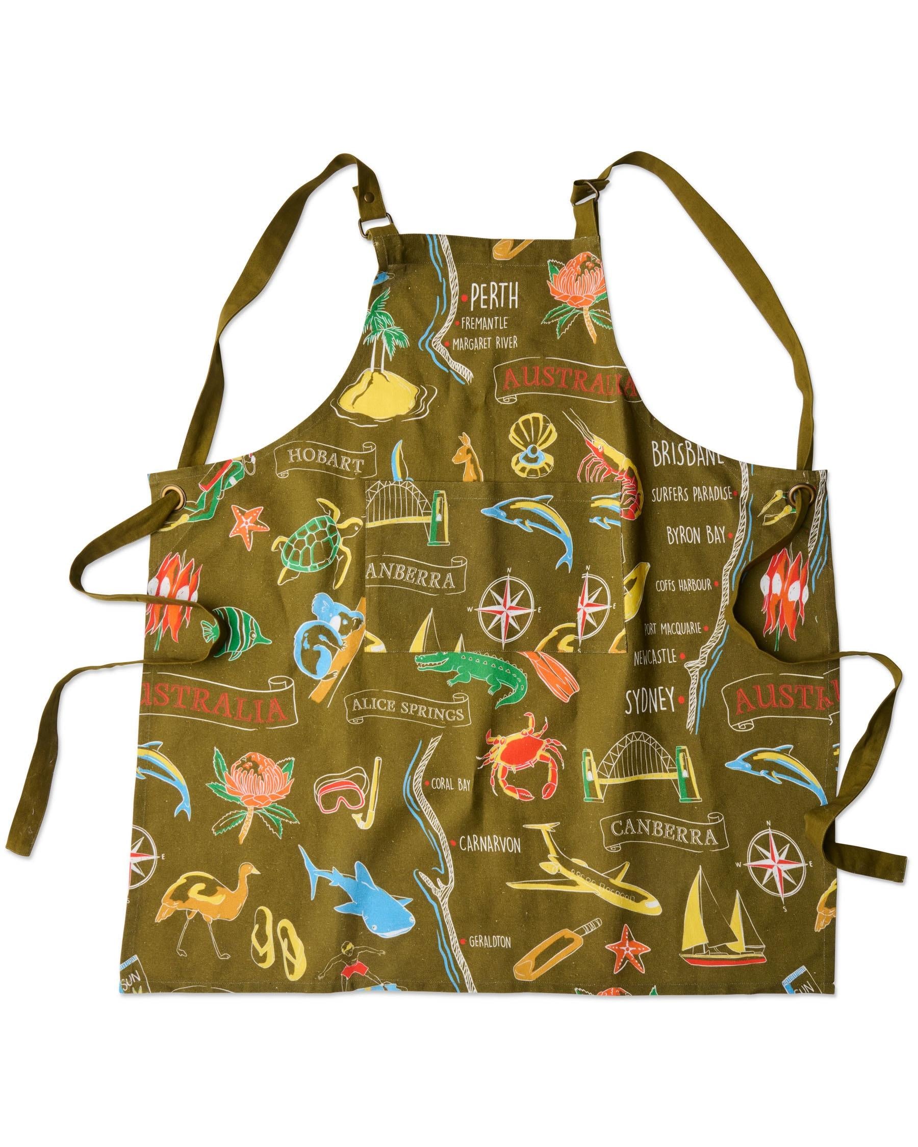 Aussie Road Trip BBQ Apron - Green Canvas