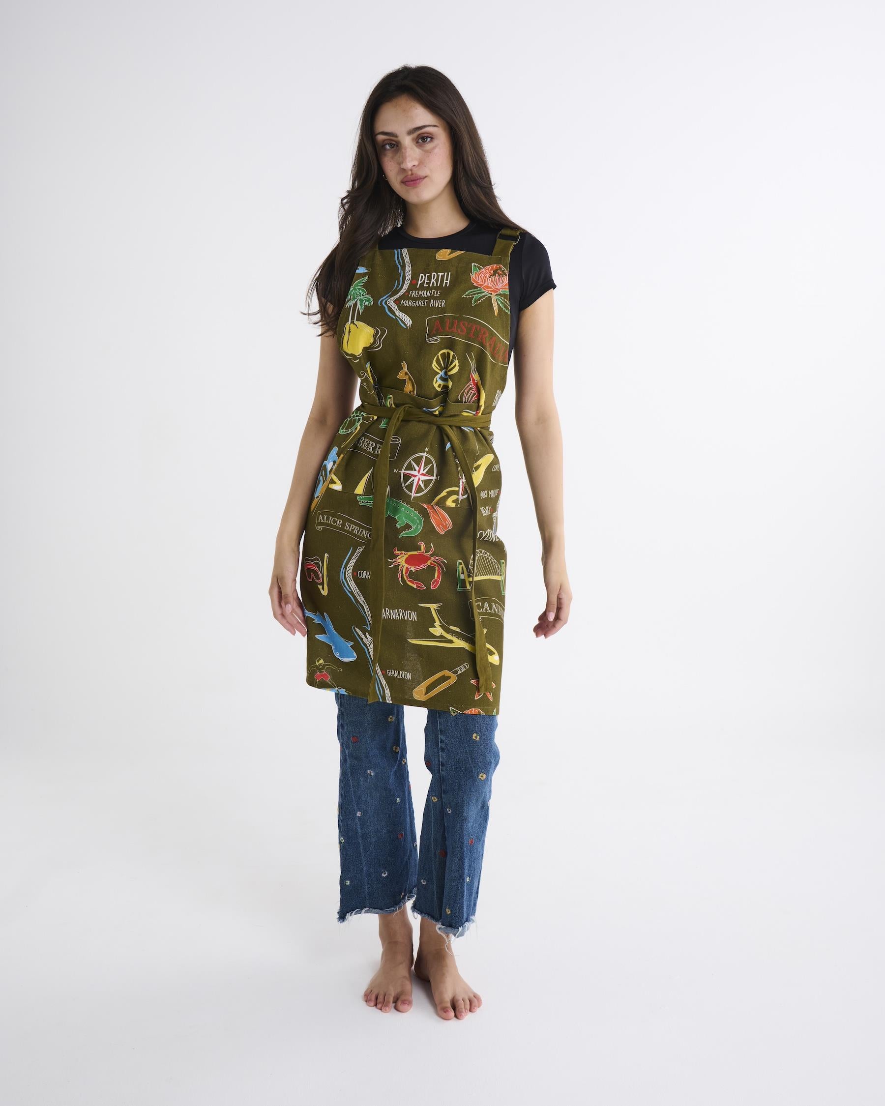 Aussie Road Trip BBQ Apron - Green Canvas
