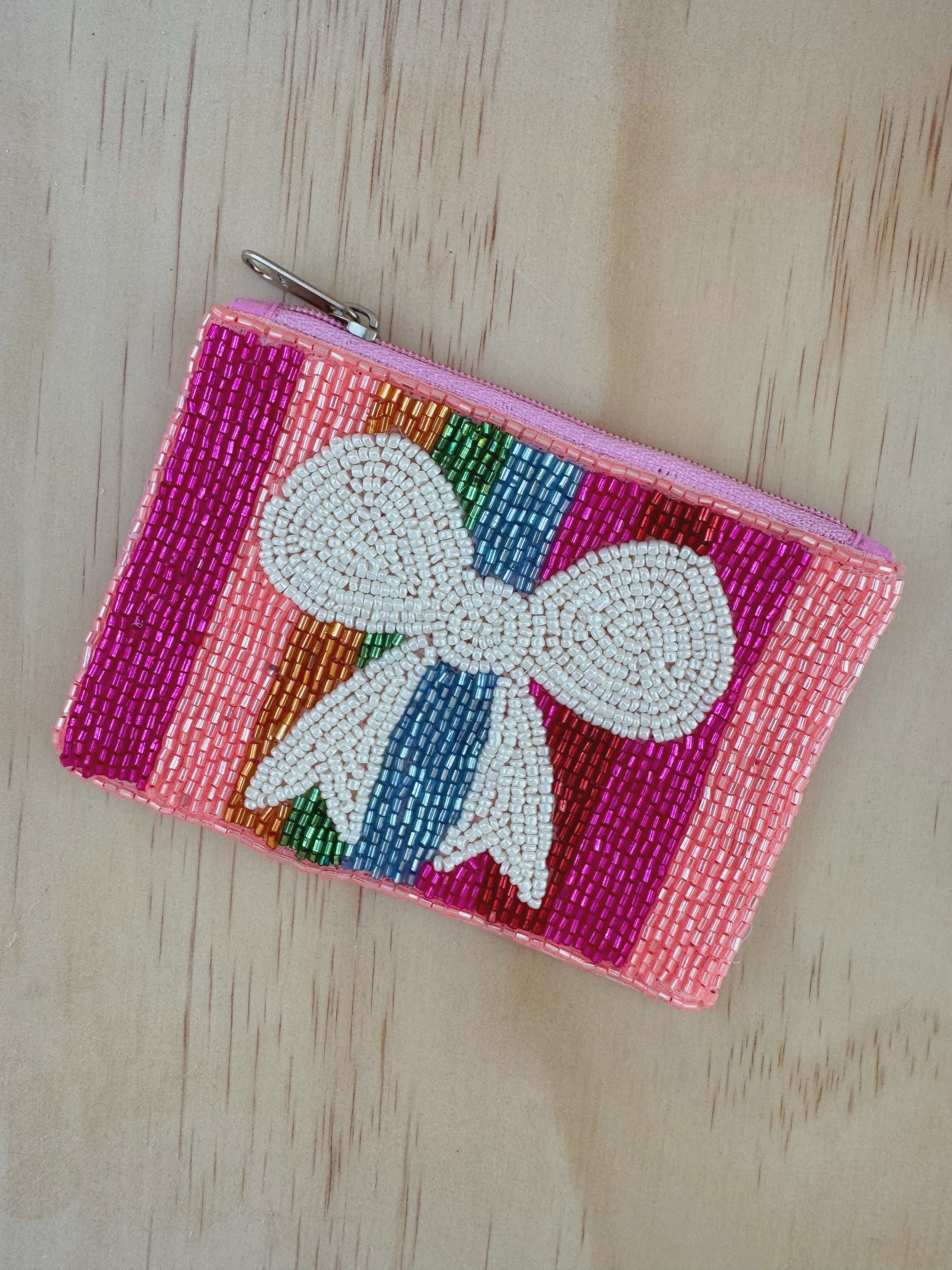 Beaded Coin Purse - Rainbow Stripe Bow