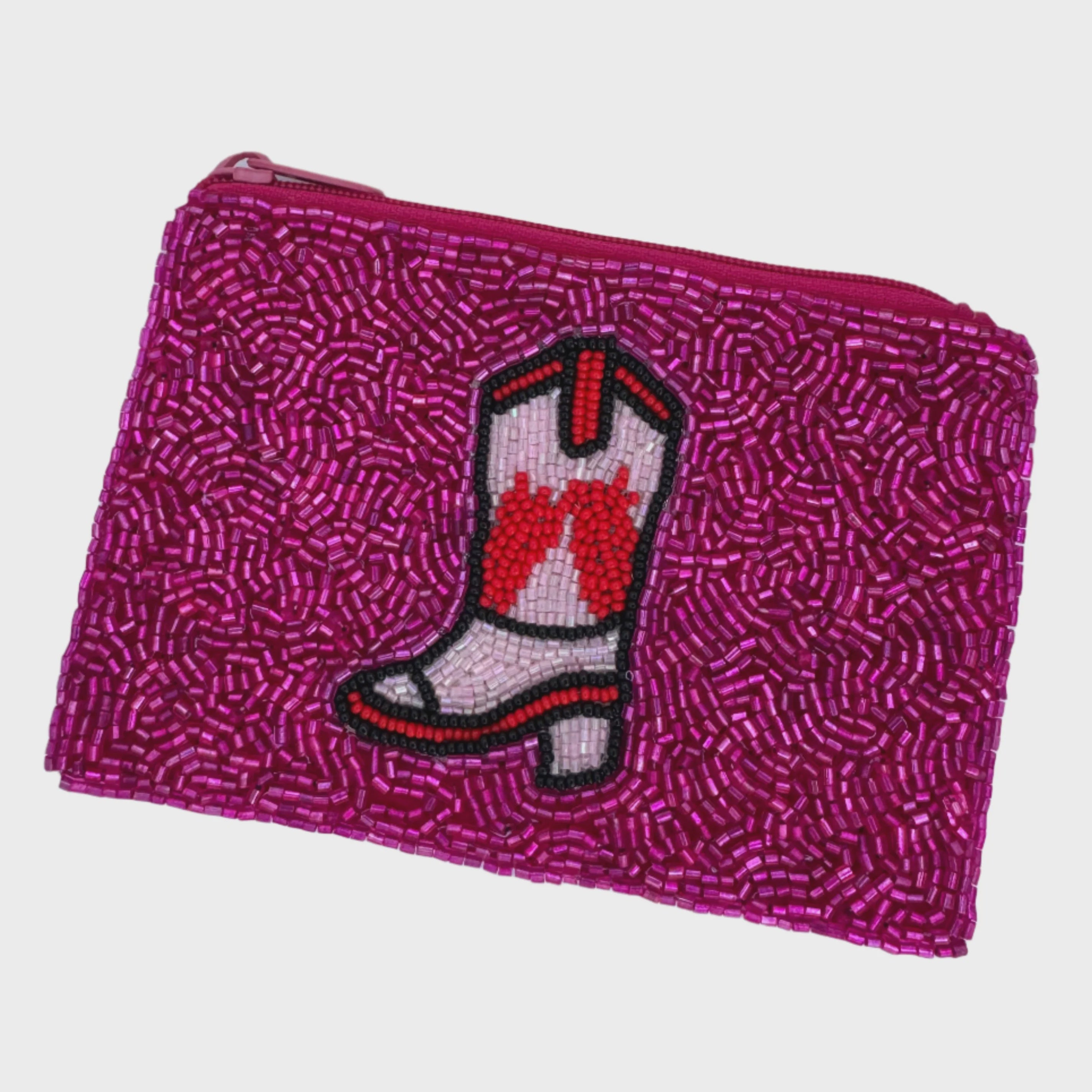 Beaded Coin Purse - Pink Cowboy Boot