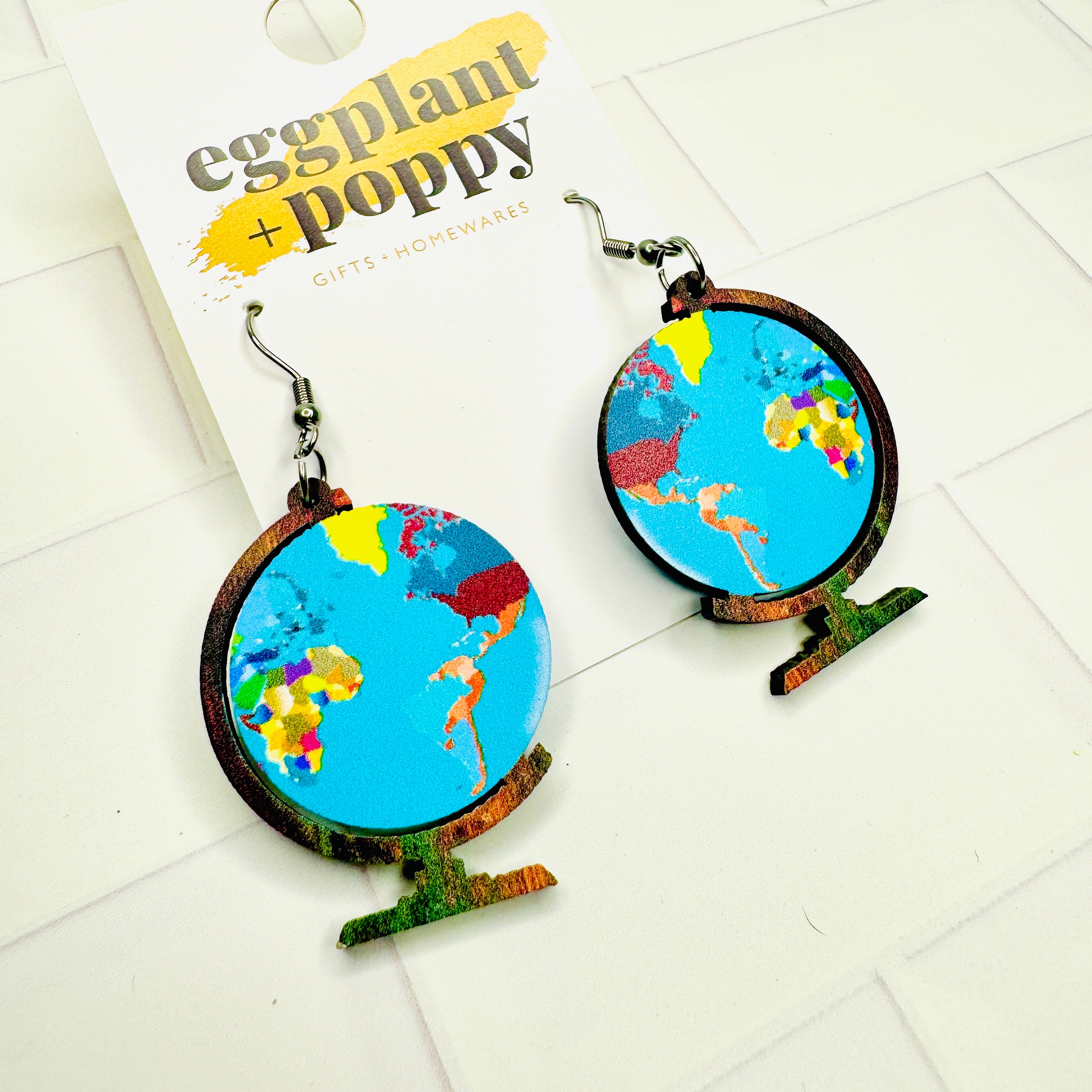 Wooden World Globe Earrings