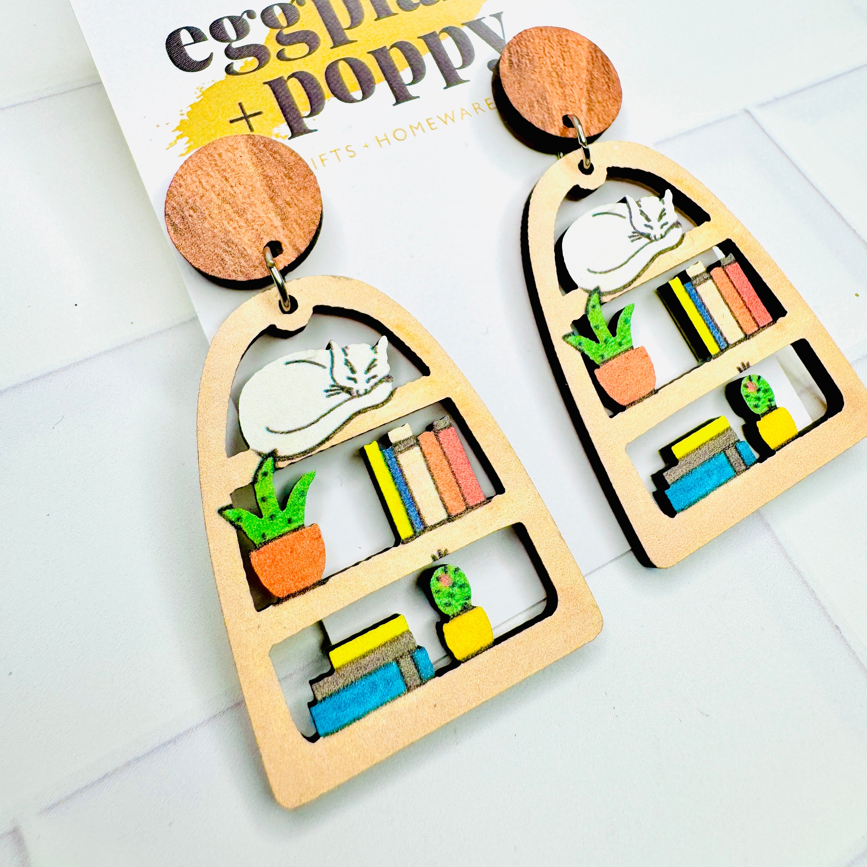 Wooden Sleepy Cat Earrings