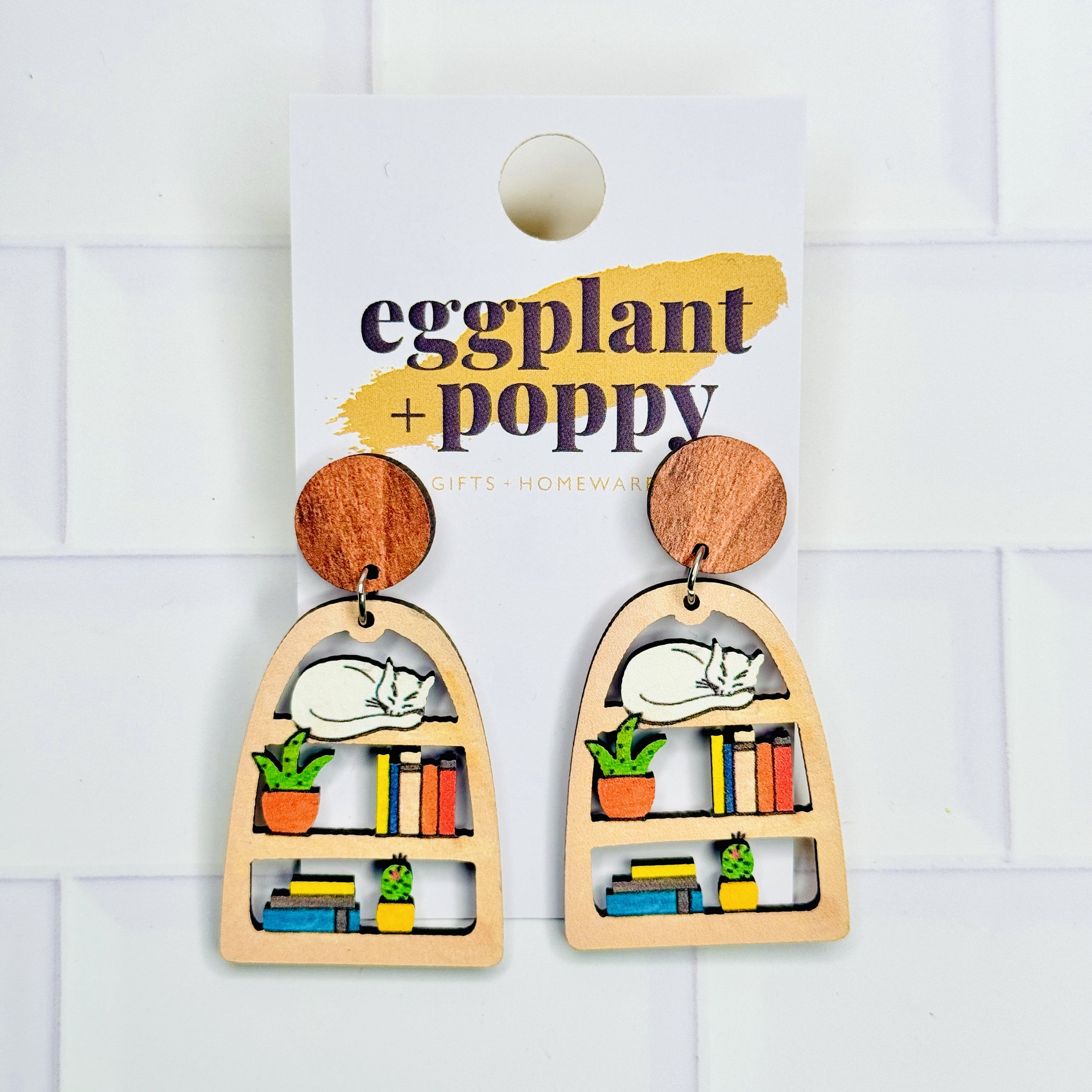Wooden Sleepy Cat Earrings