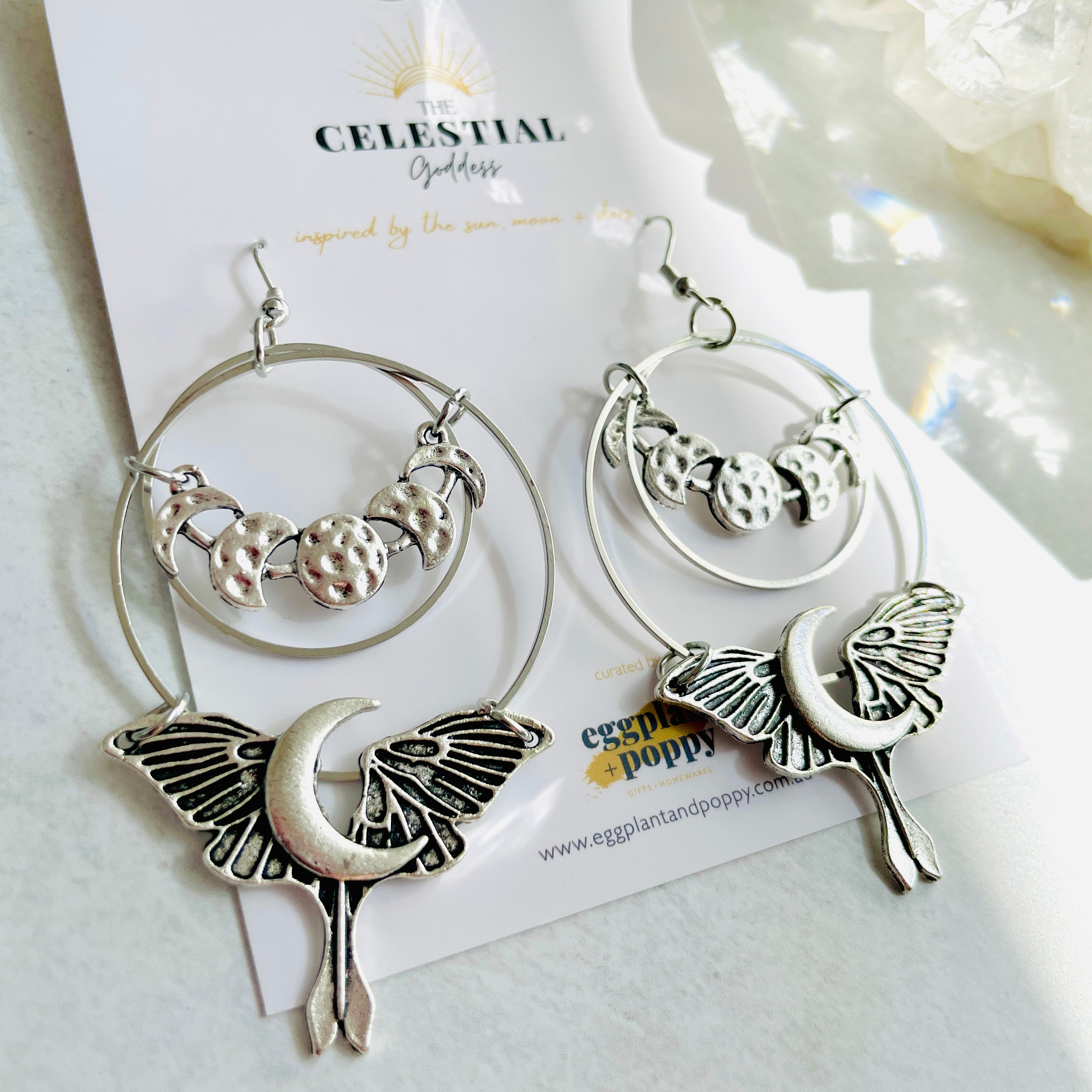 Moon Phase Moth Earrings