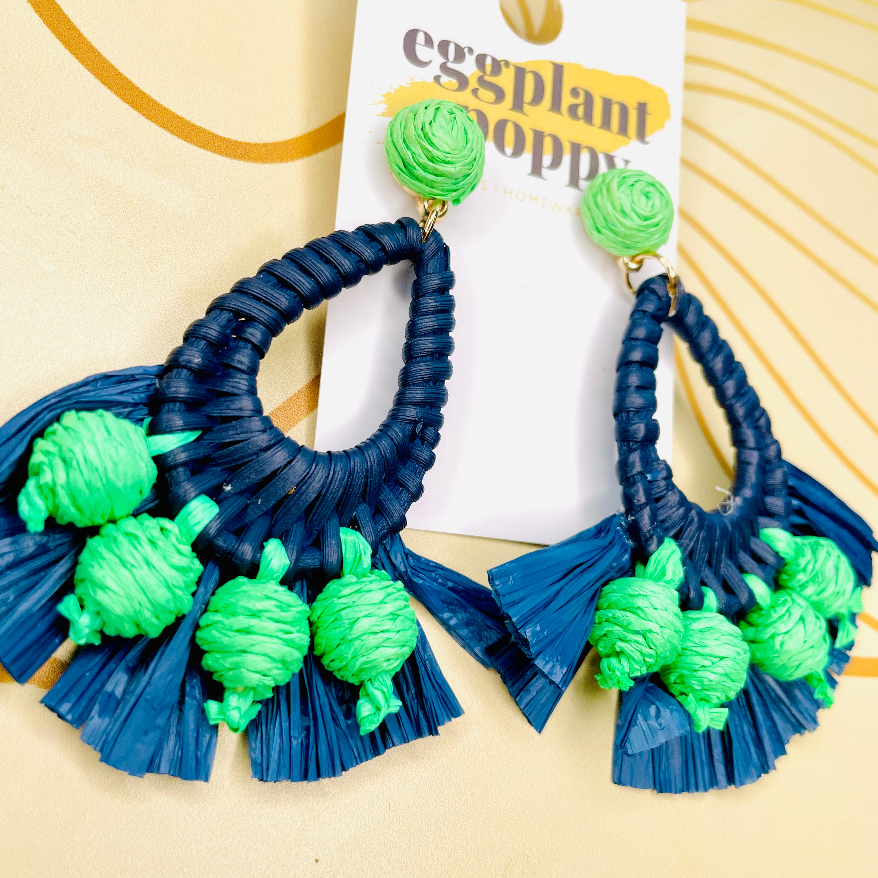 Navy & Green Rattan Earrings