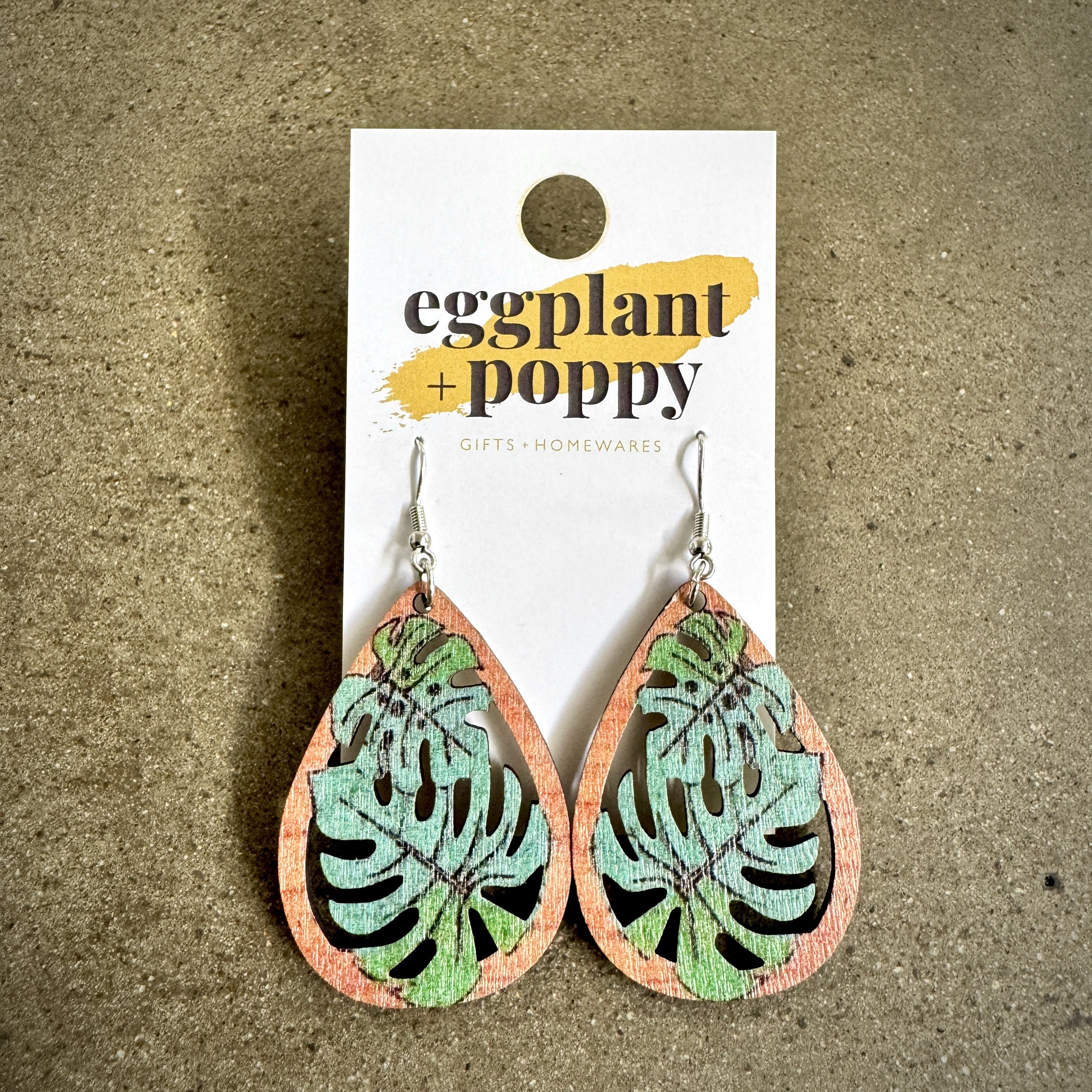 Wooden Monstera Leaf Earrings