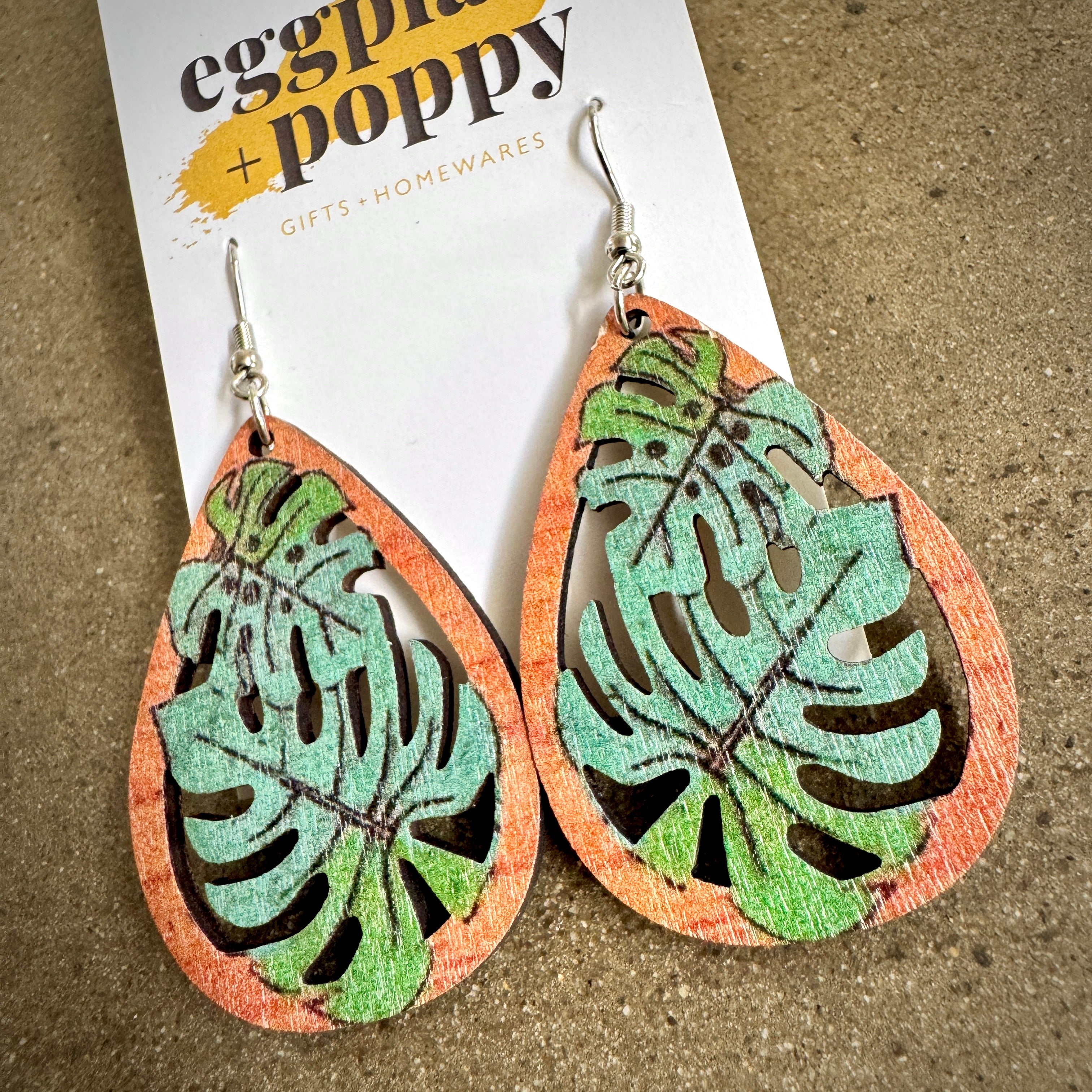 Wooden Monstera Leaf Earrings