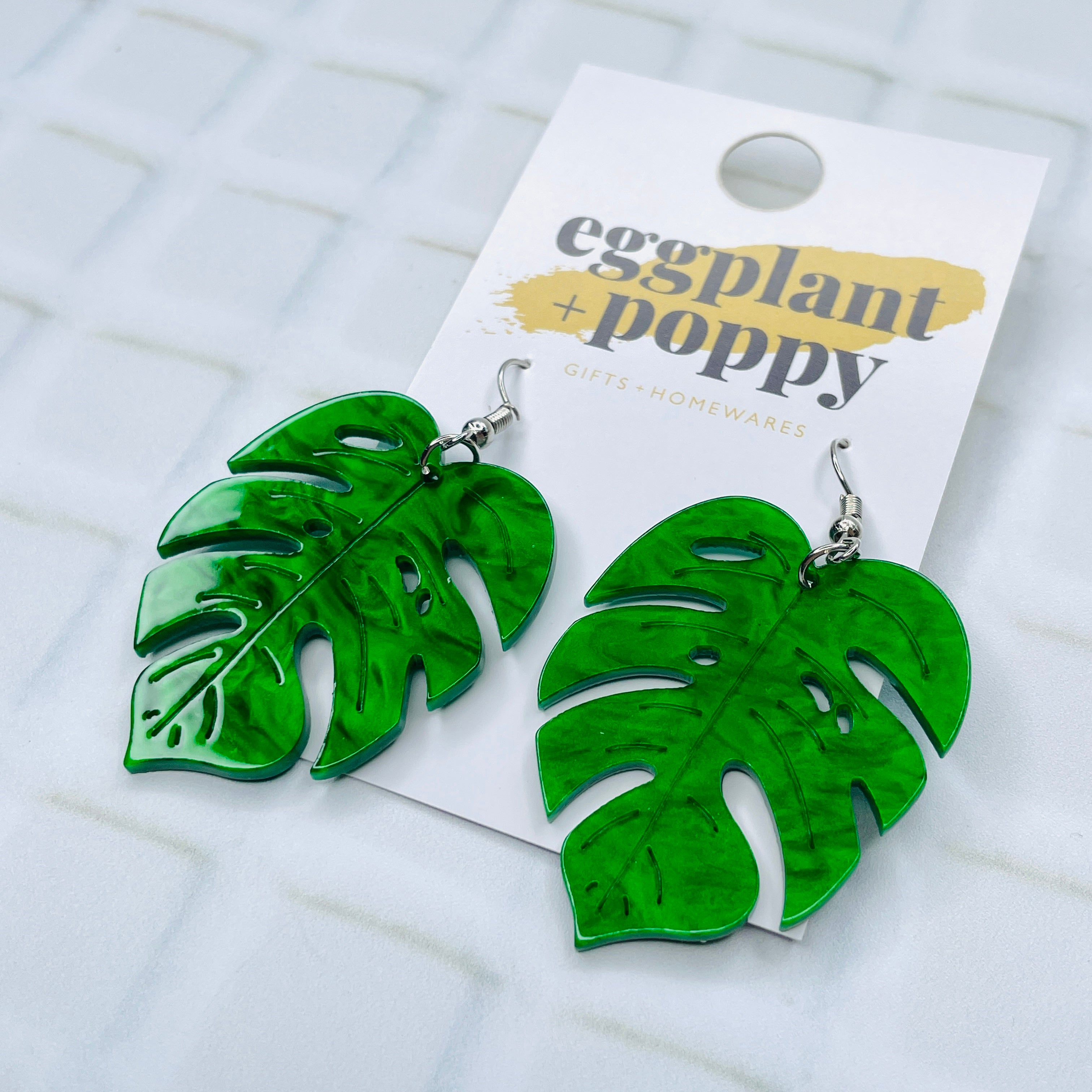 Green Monstera Leaf Earrings