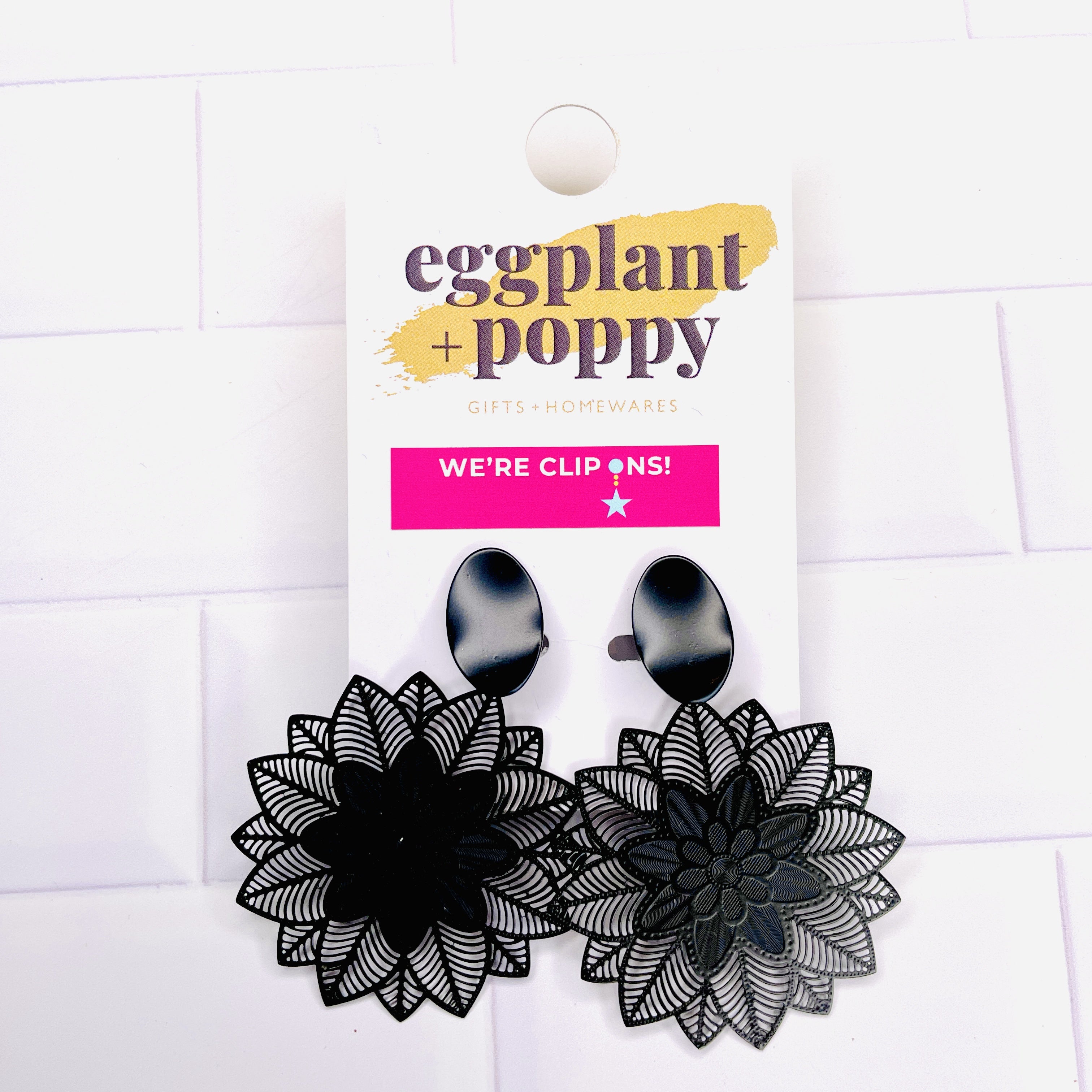Clip On Earrings - Black Metal Flower