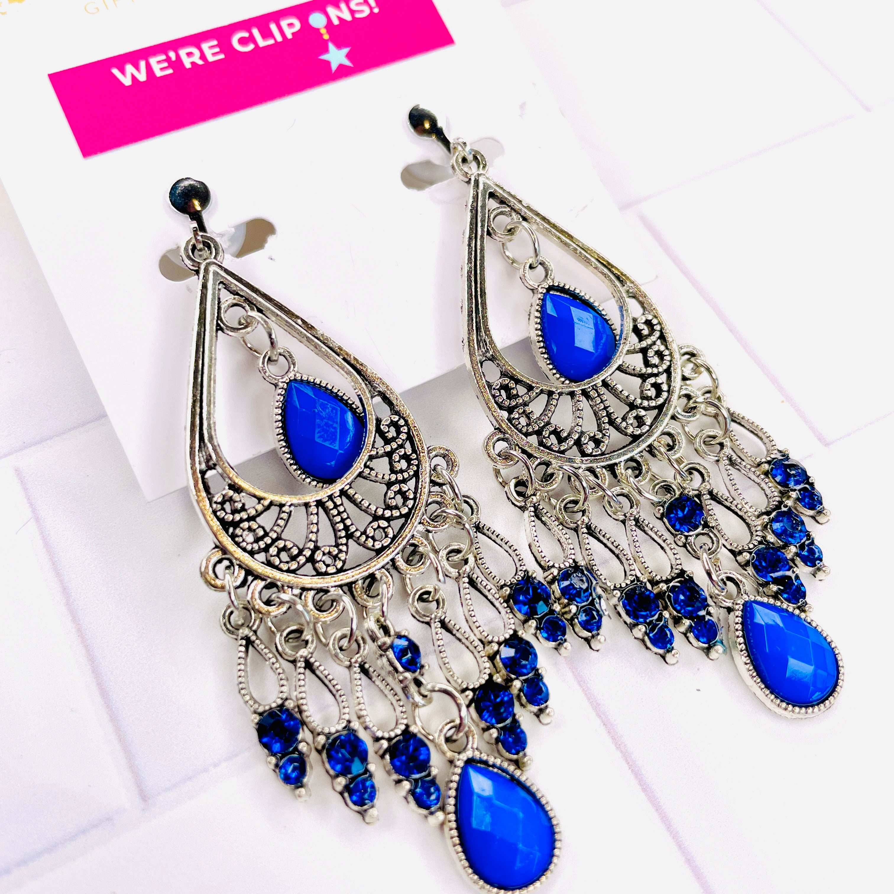 Clip On Earrings - Sapphire Chandelier