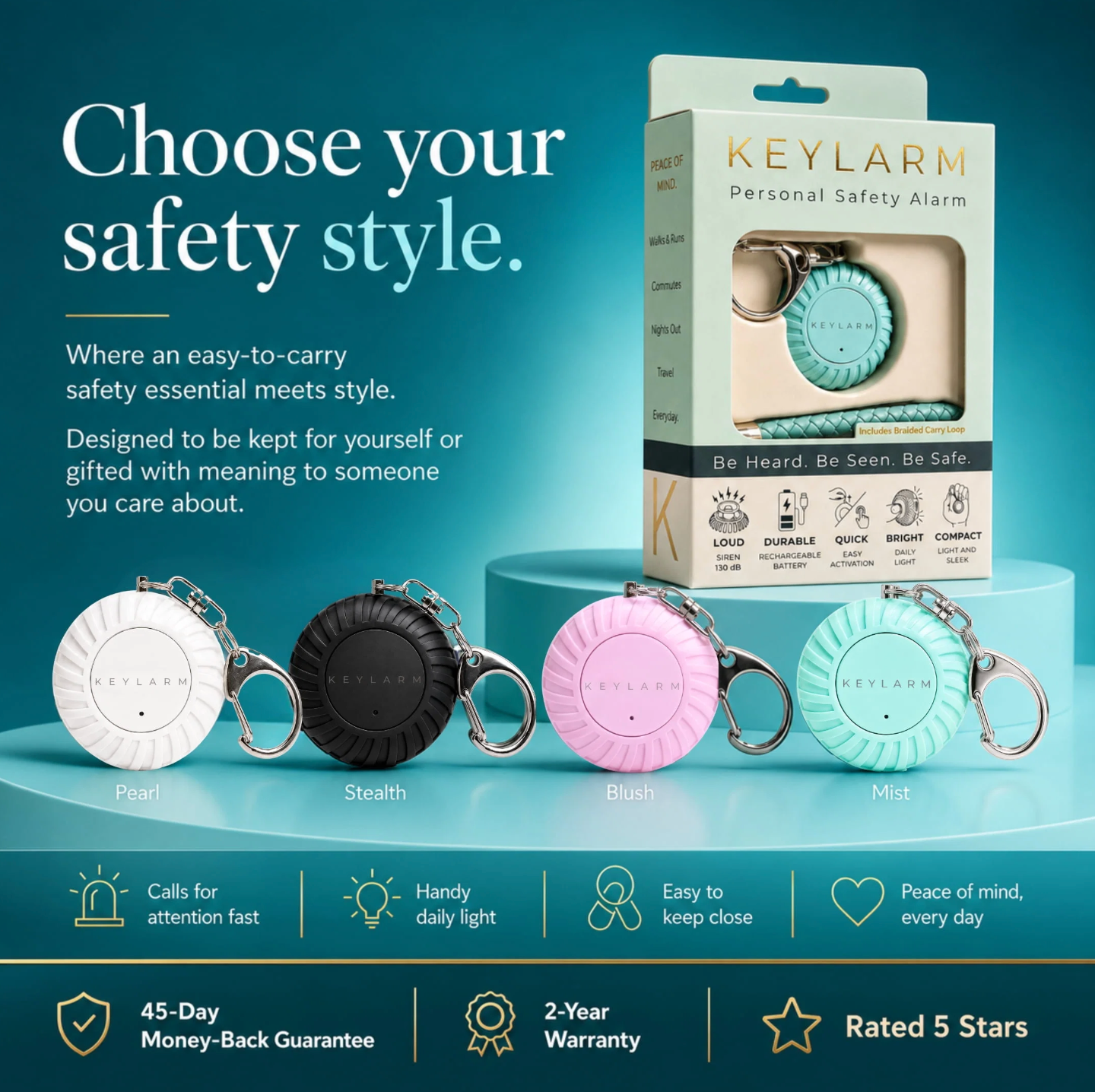 Keylarm Personal Safety Alarm and Light - Teal
