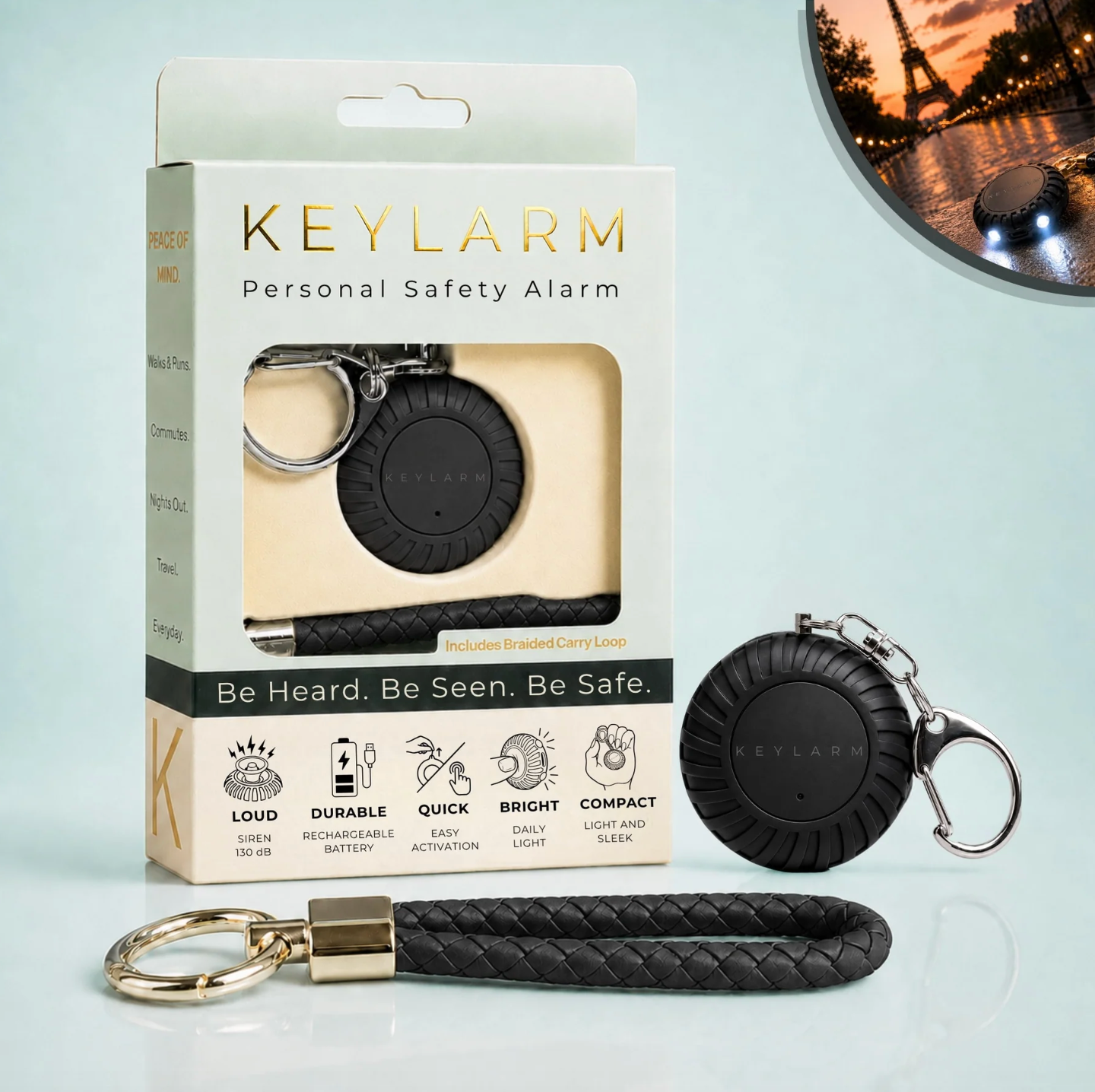 Keylarm Personal Safety Alarm and Light- Black