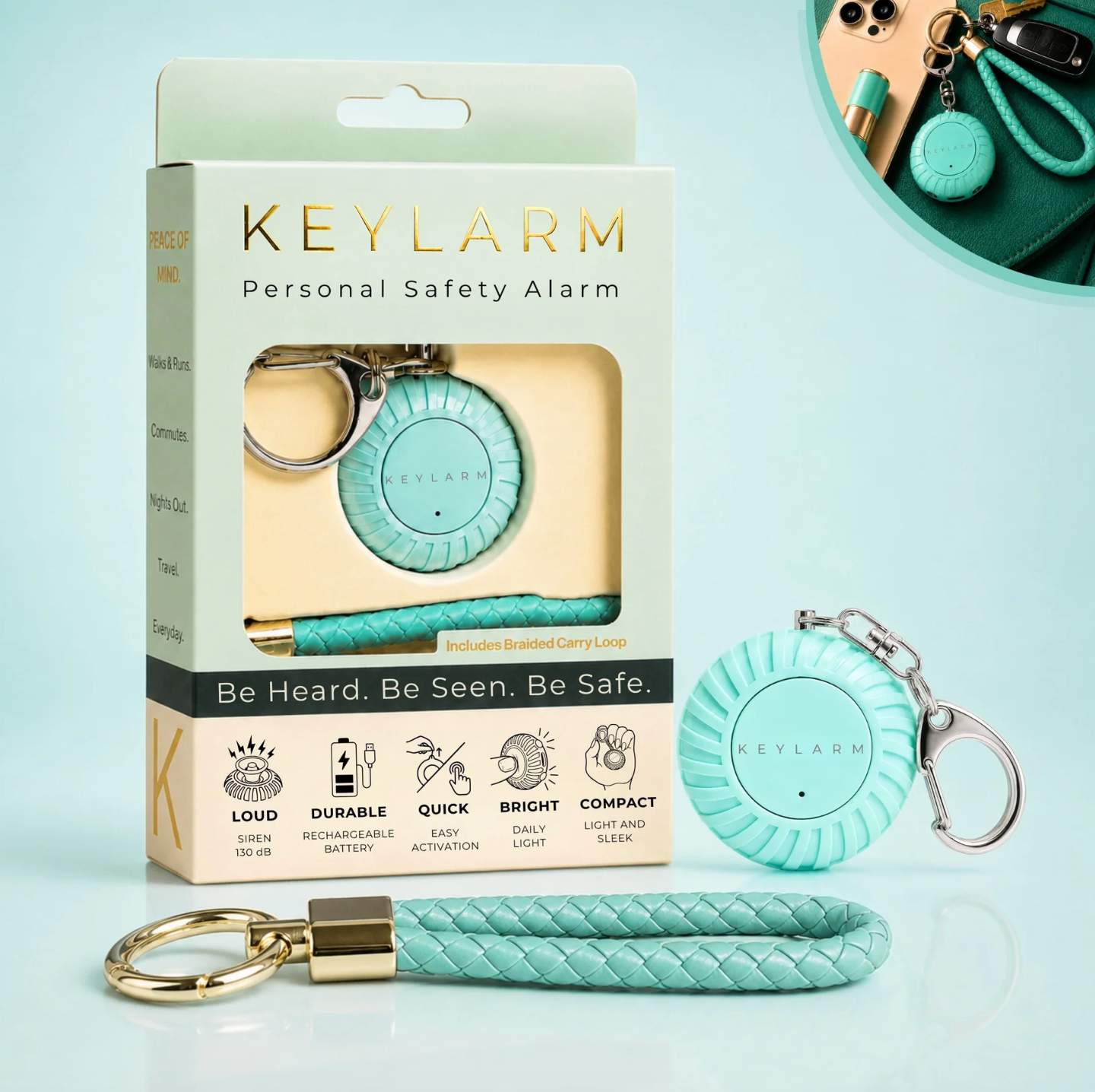 Keylarm Personal Safety Alarm and Light - Teal