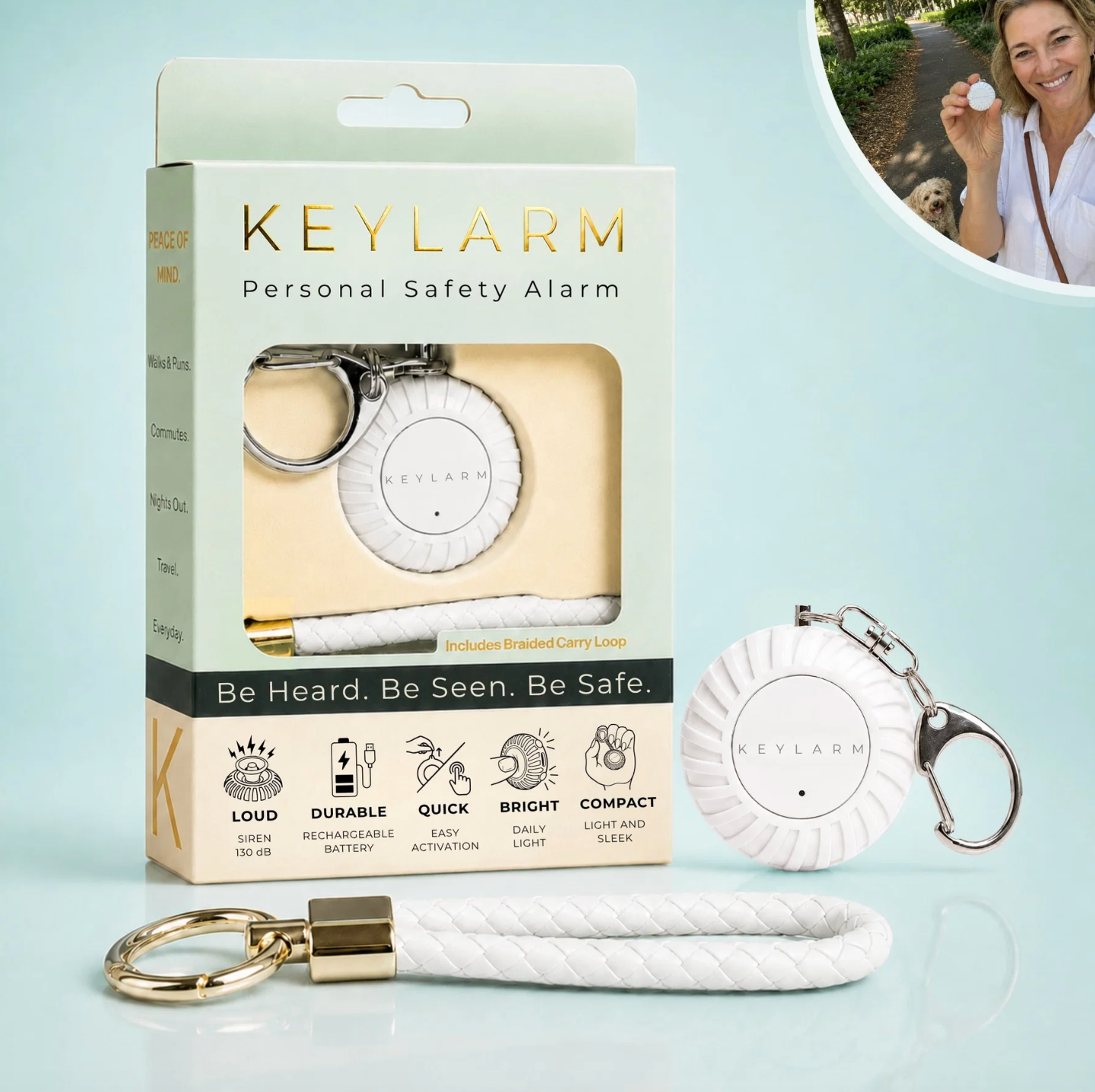 Keylarm Personal Safety Alarm and Light- White