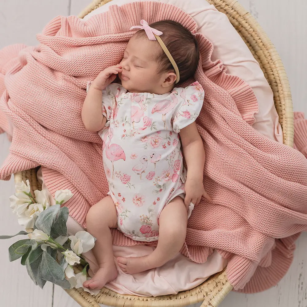 Short Sleeve Frill Bodysuit - Flamingos