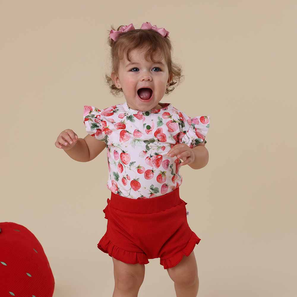 Short Sleeve Frill Bodysuit - Strawberry