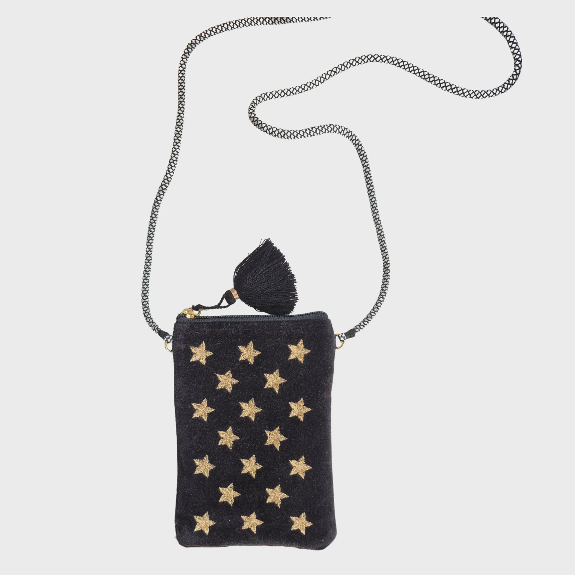 Velvet Cross Body Bag - Black Stars
