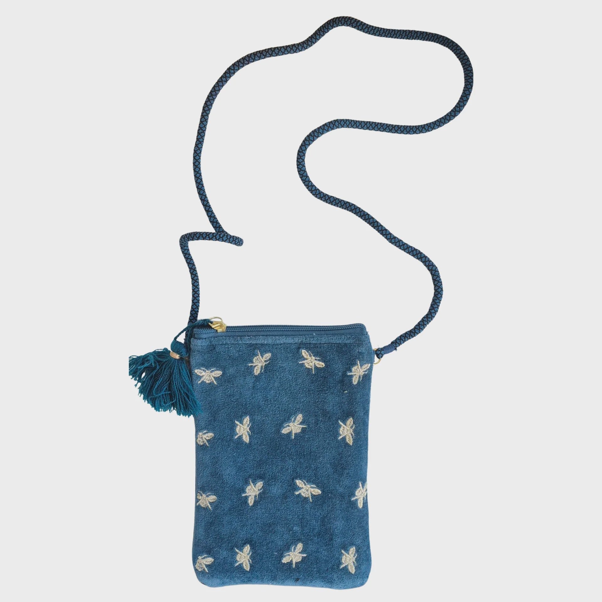 Velvet Cross Body Bag - Blue Bees