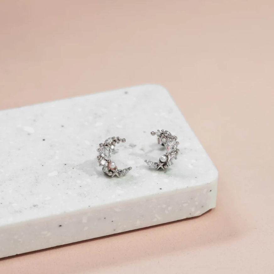 Earring - Diamante Moon Pearl (Silver)