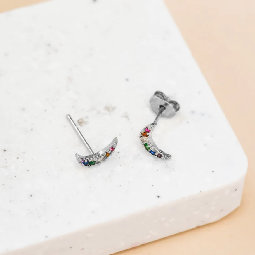 Earring - Diamante Moon Rainbow (Silver)