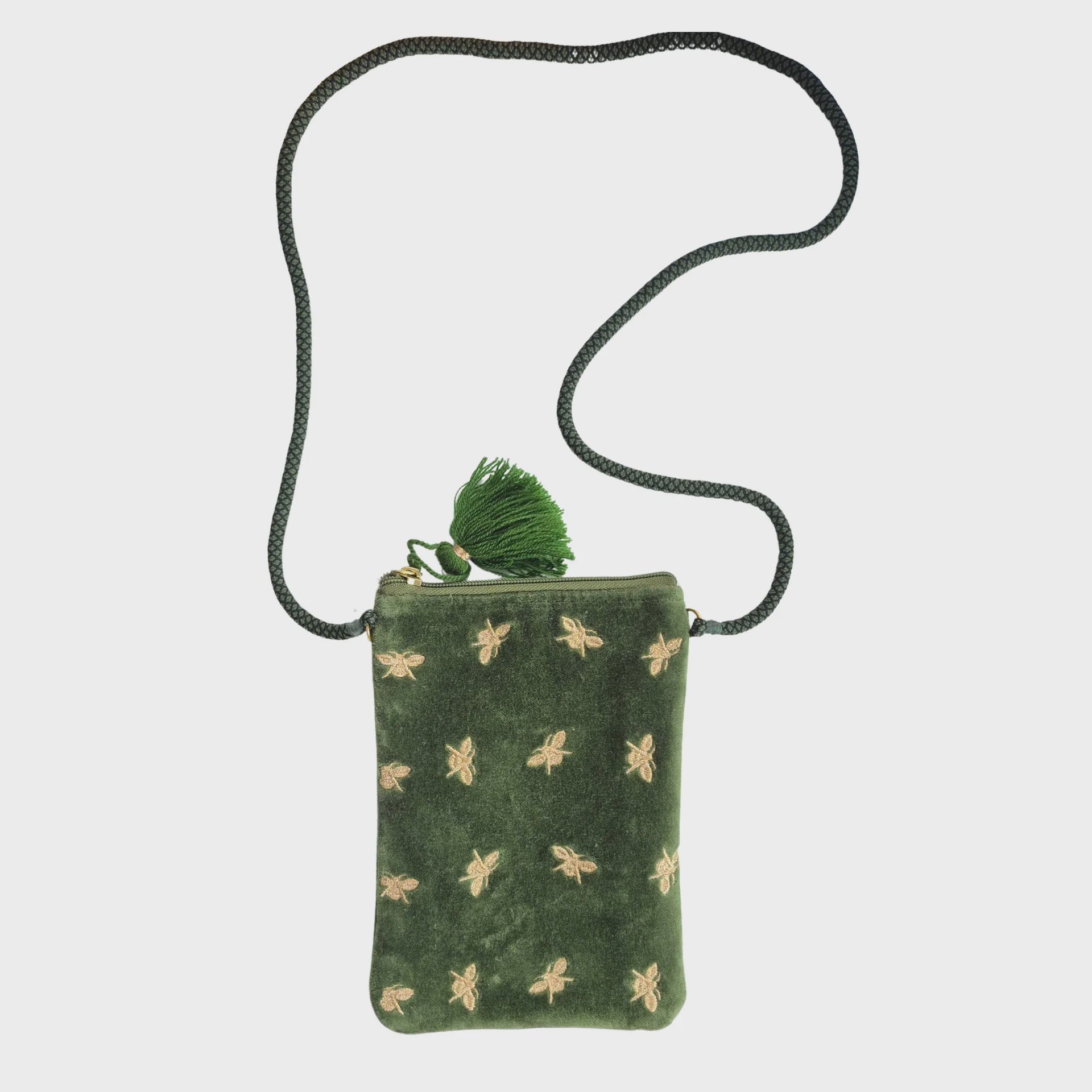 Velvet Cross Body Bag - Green Bees