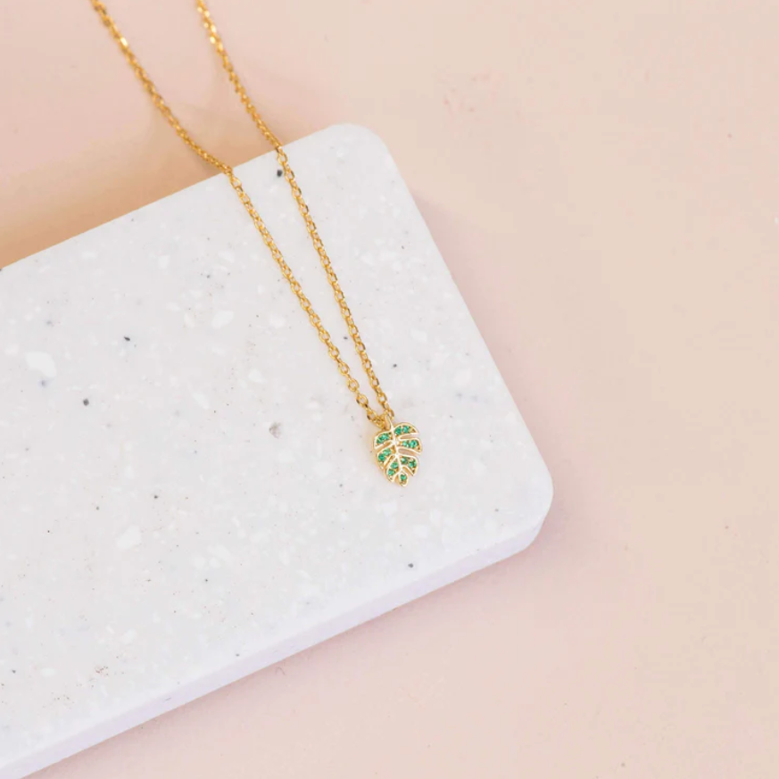 Necklace - Diamante Leaf Green