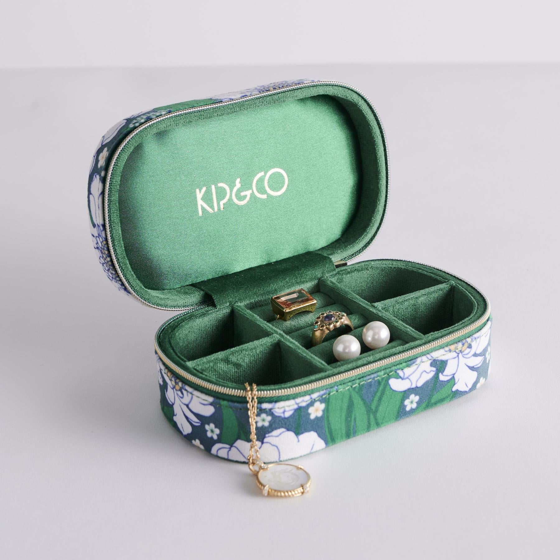 Travel Velvet Jewellery Box - Tumbling Flowers Green