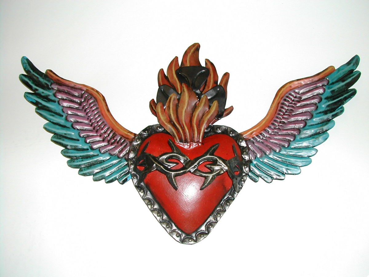 Tin Barbed Heart With Wings
