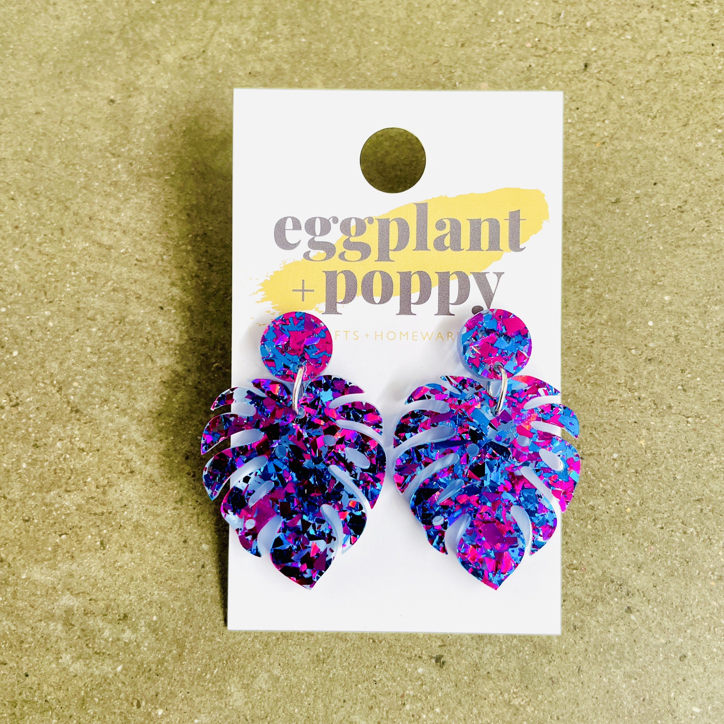 Purple Glitter Monstera Earrings
