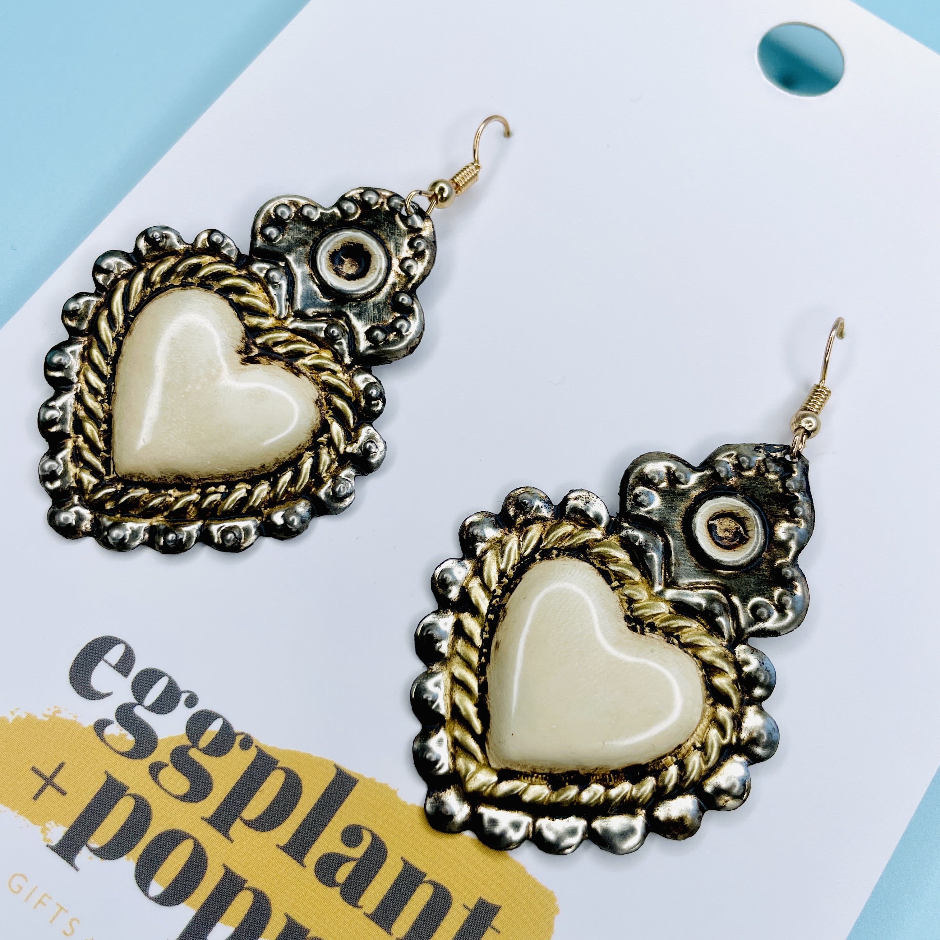 Antique Heart Earrings - Beige