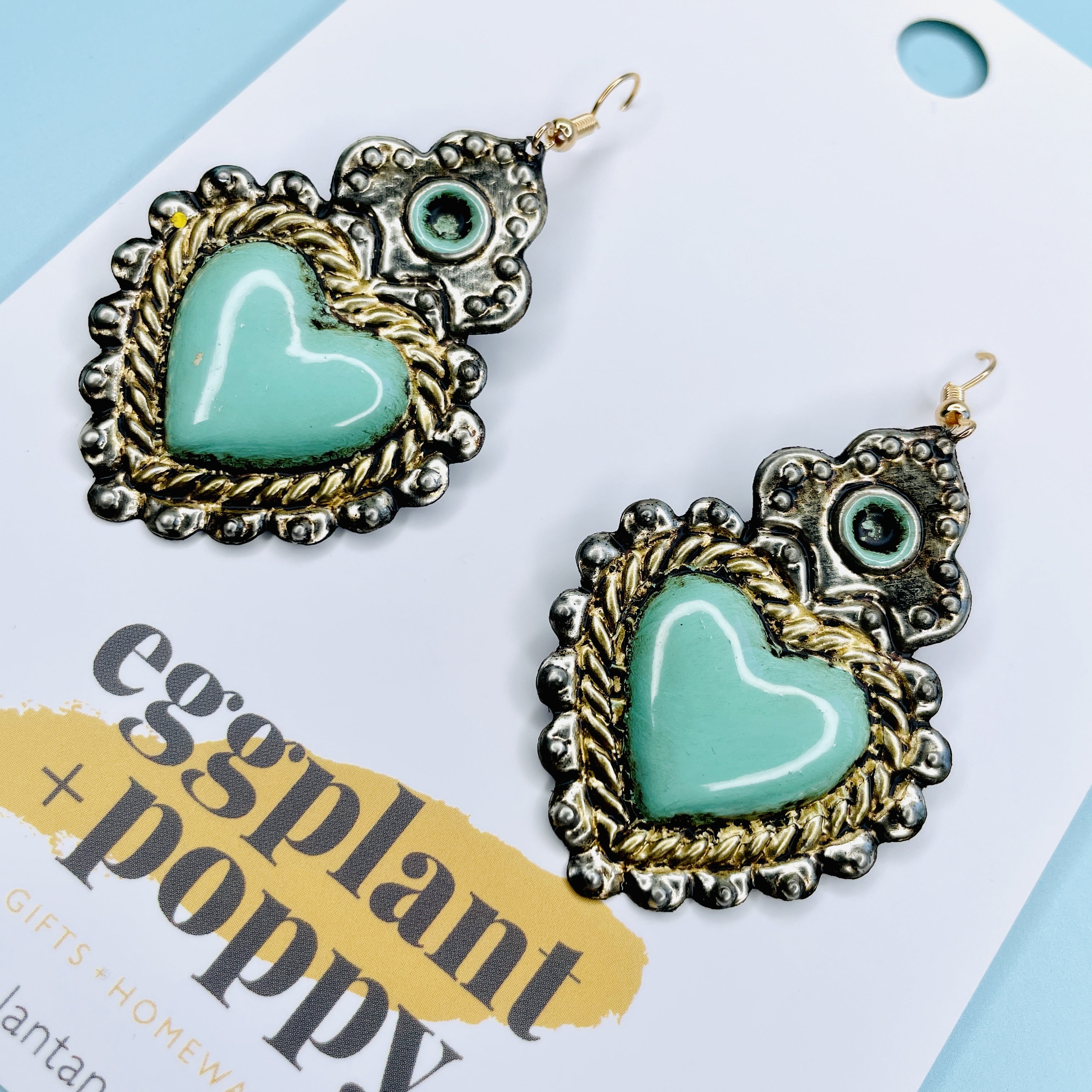 Antique Heart Earrings - Turquoise