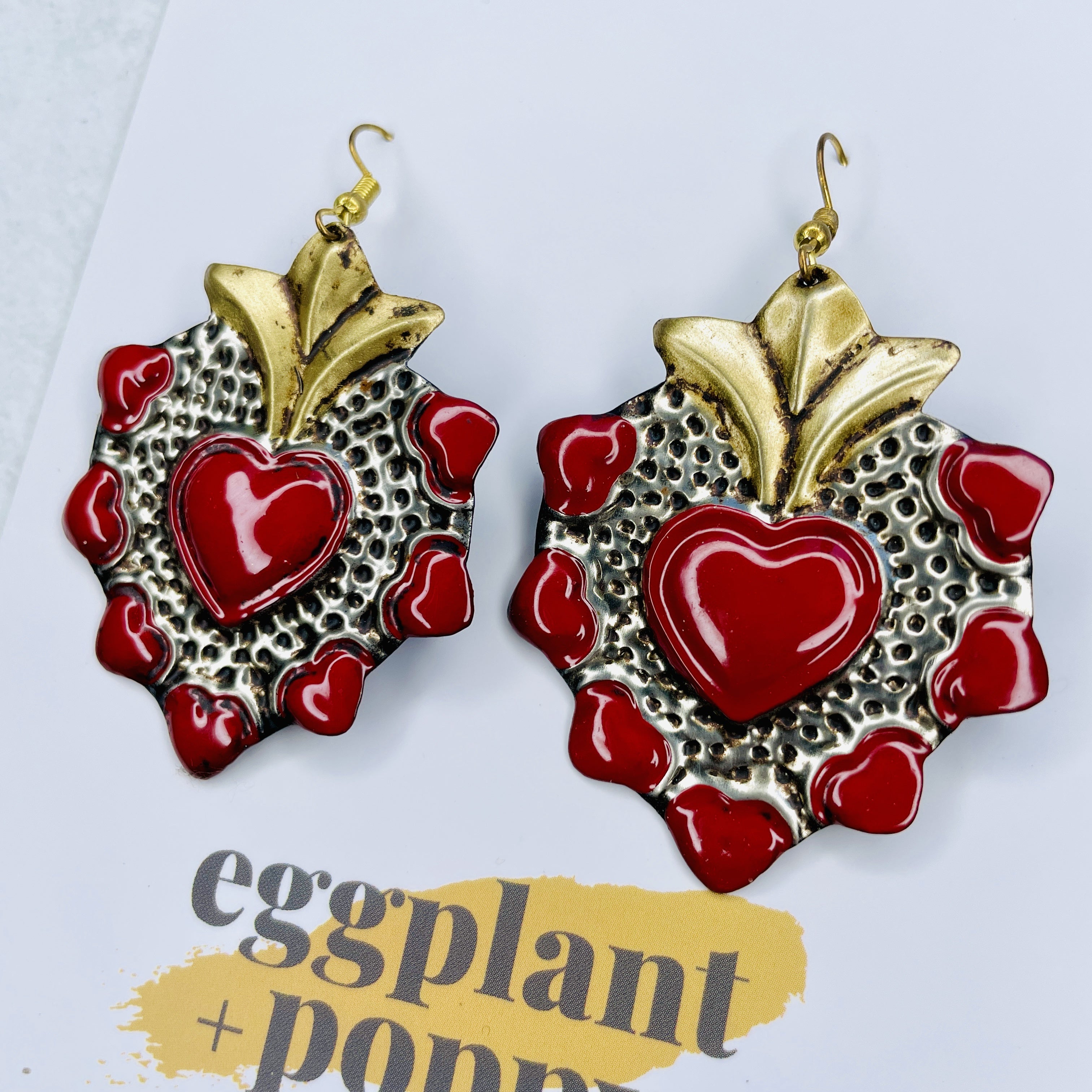 Tin Heart Earrings - Red