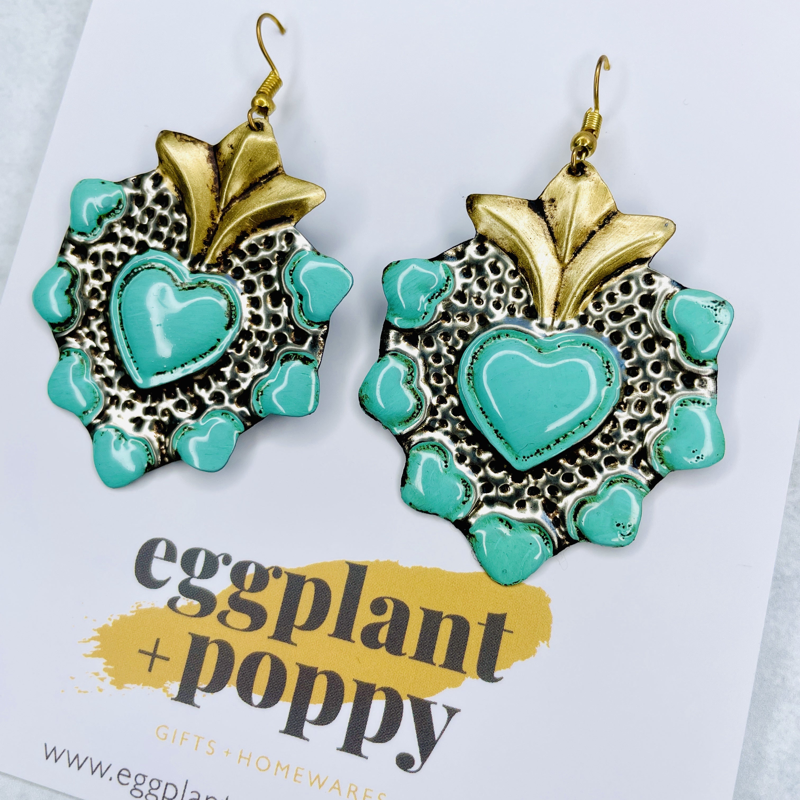 Tin Heart Earrings - Turquoise