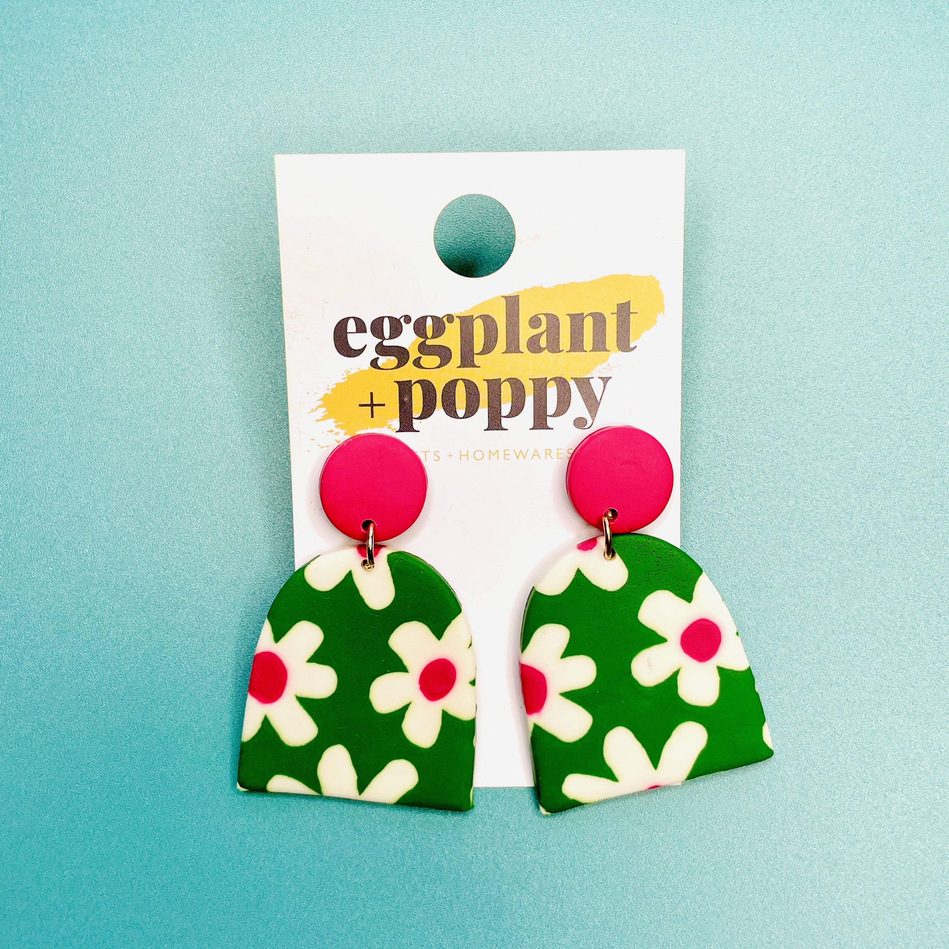 Art Earrings - Pink & Green Daisies
