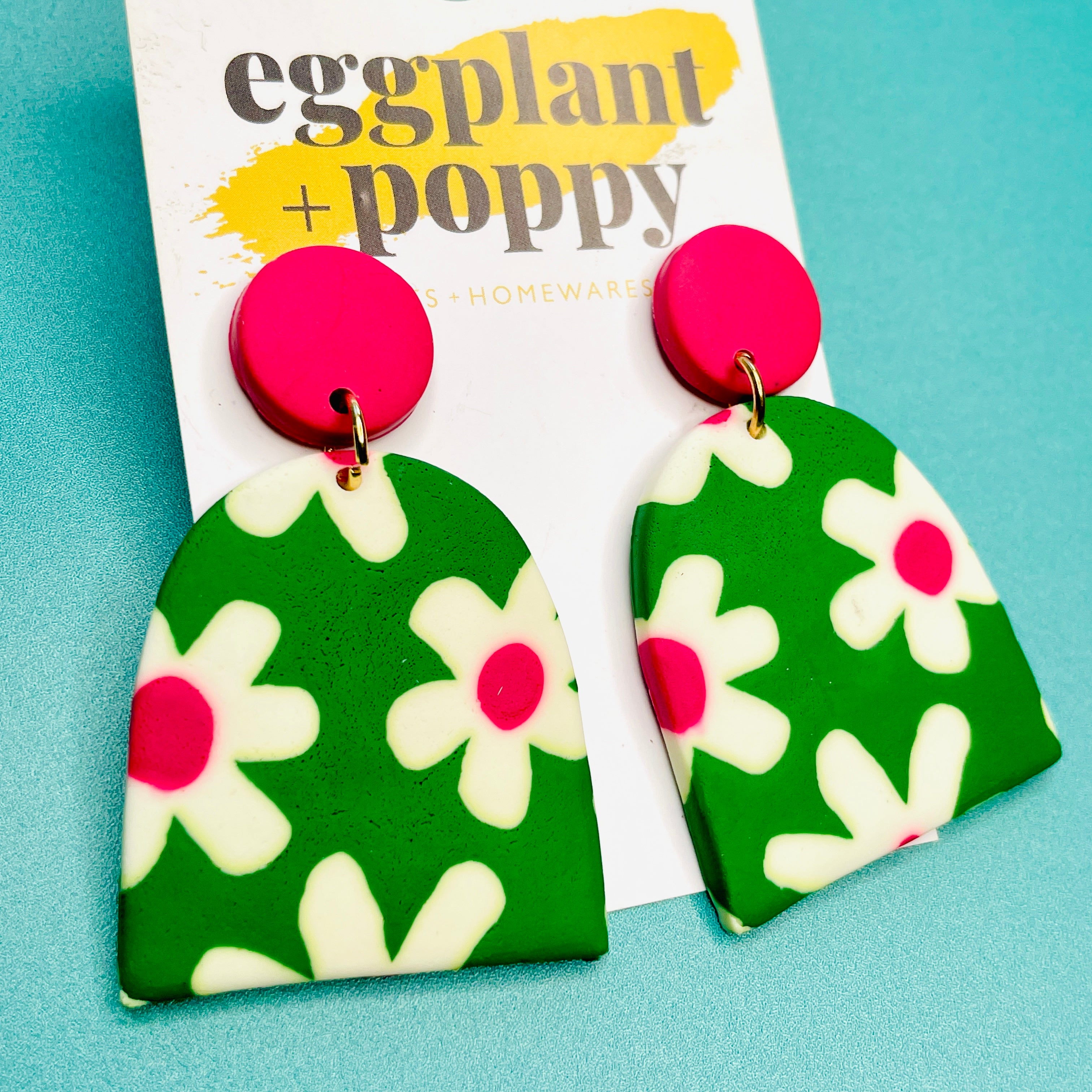 Art Earrings - Pink & Green Daisies