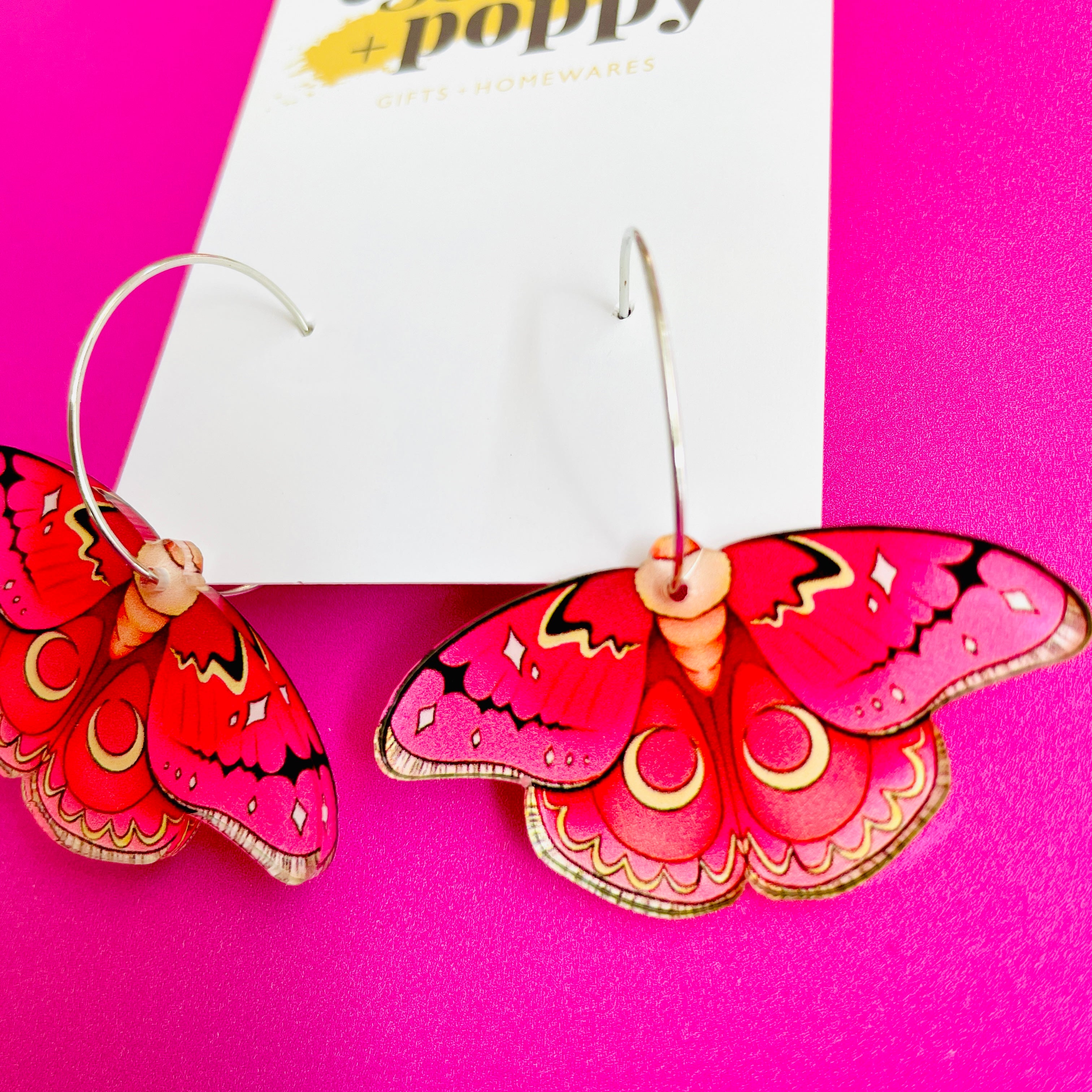 Pink Moth Hoop Earrings