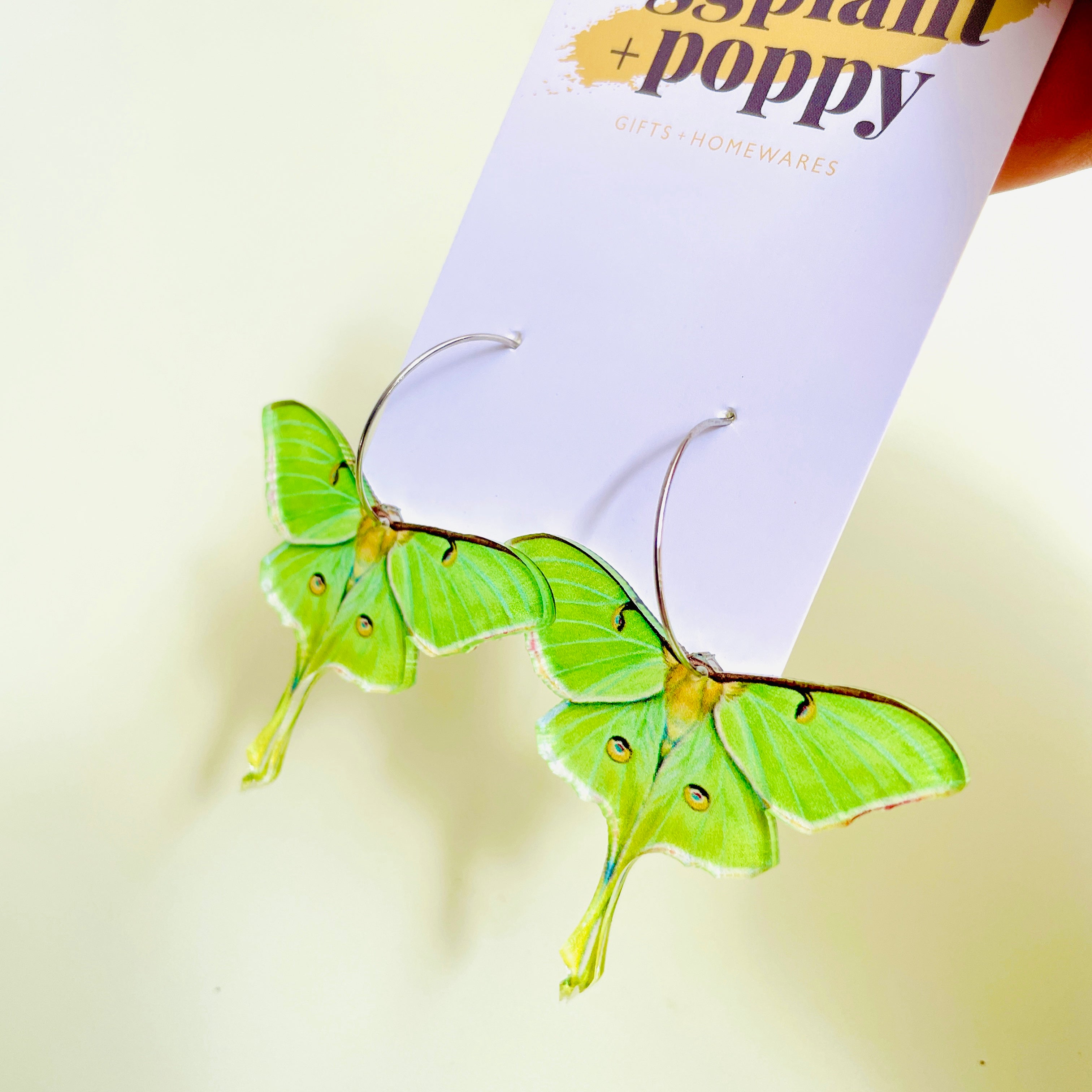 Green Luna Moth Hoop Earrings