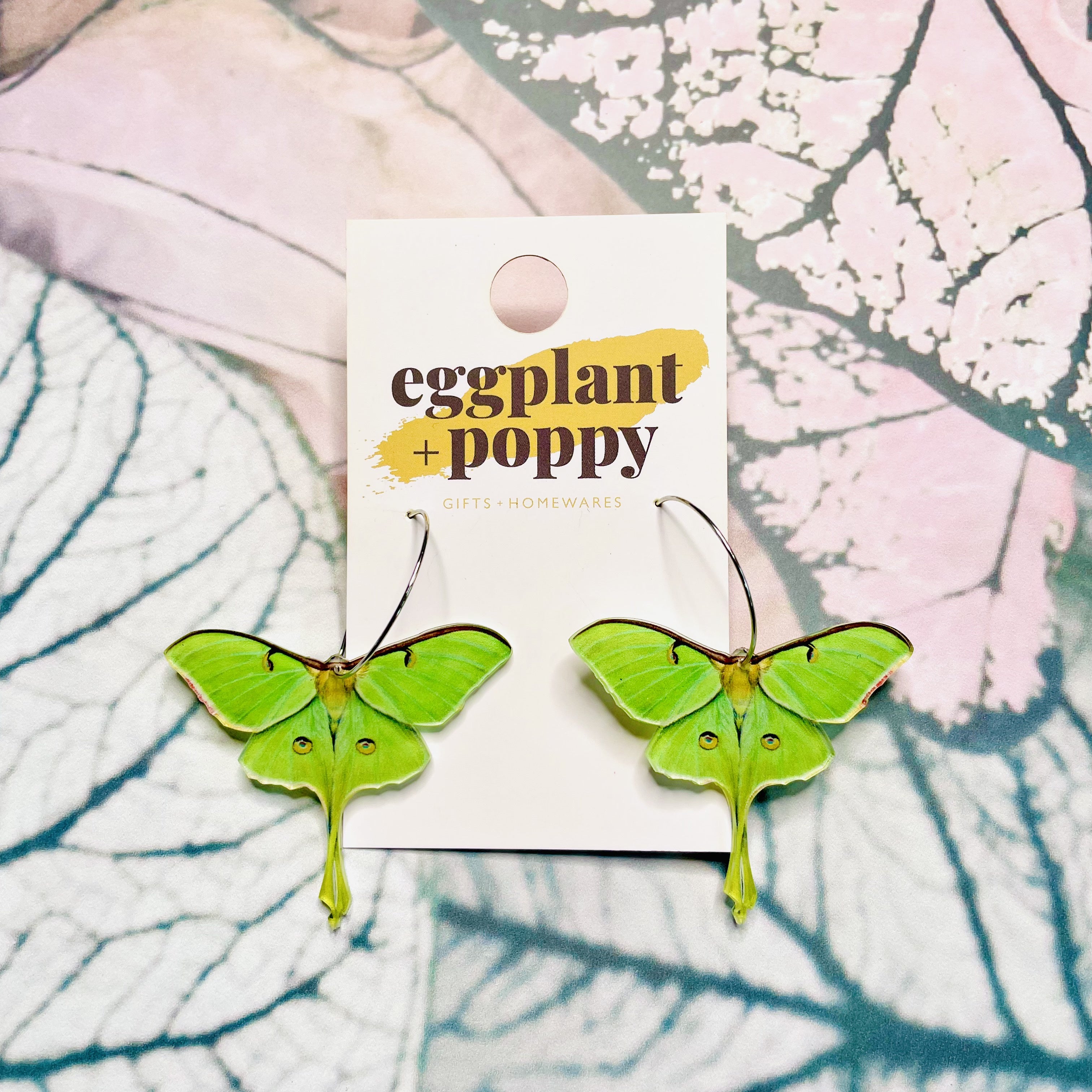 Green Luna Moth Hoop Earrings