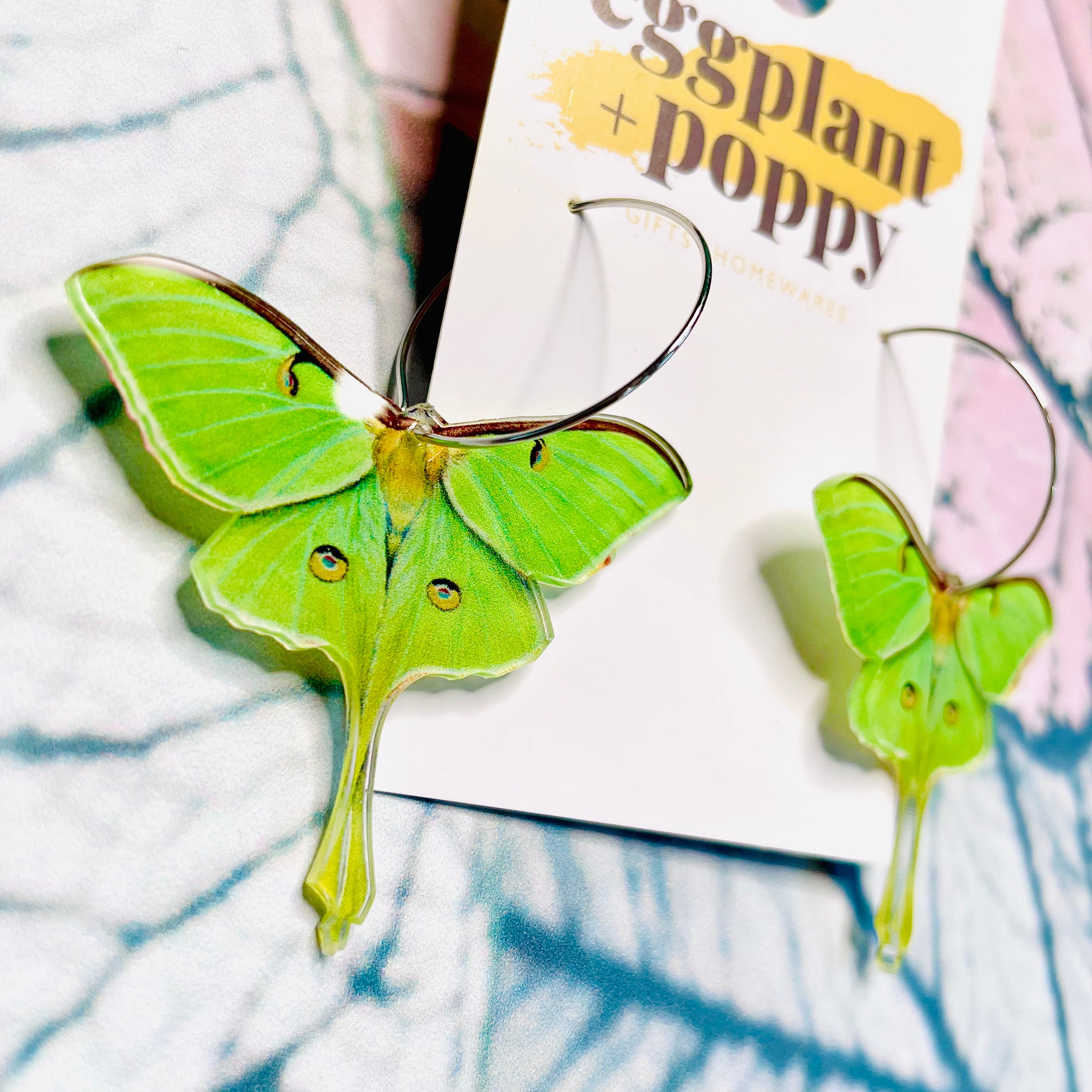 Green Luna Moth Hoop Earrings