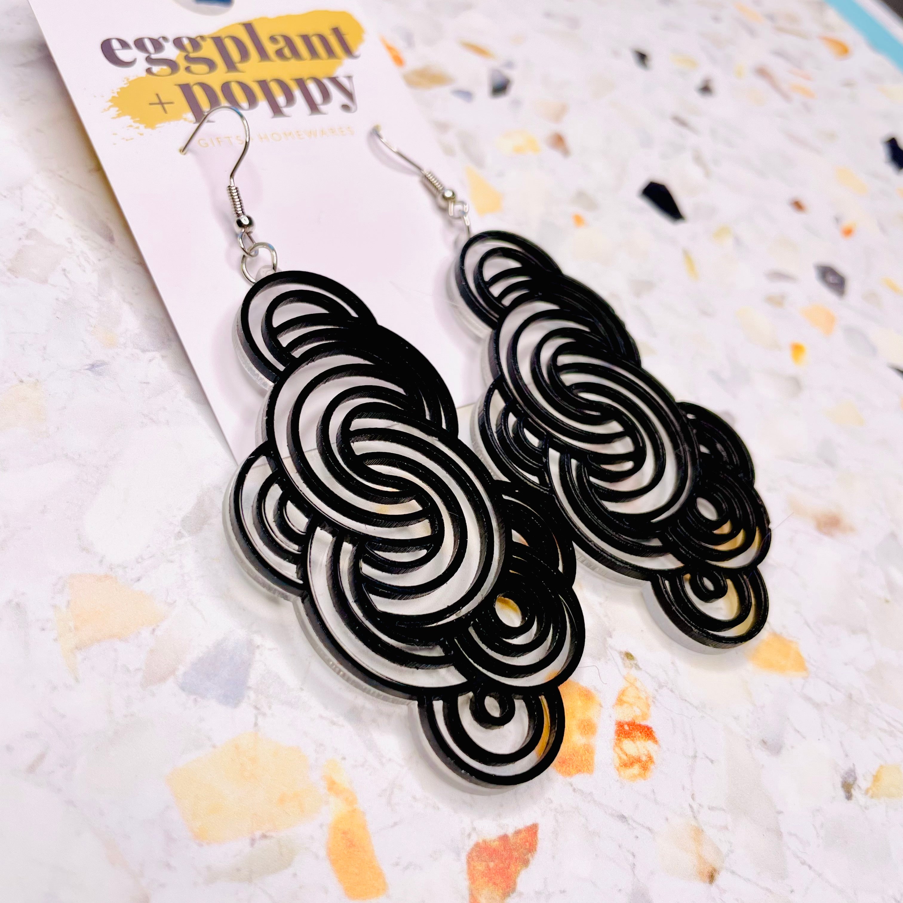 Black Geometric Swirl Earrings