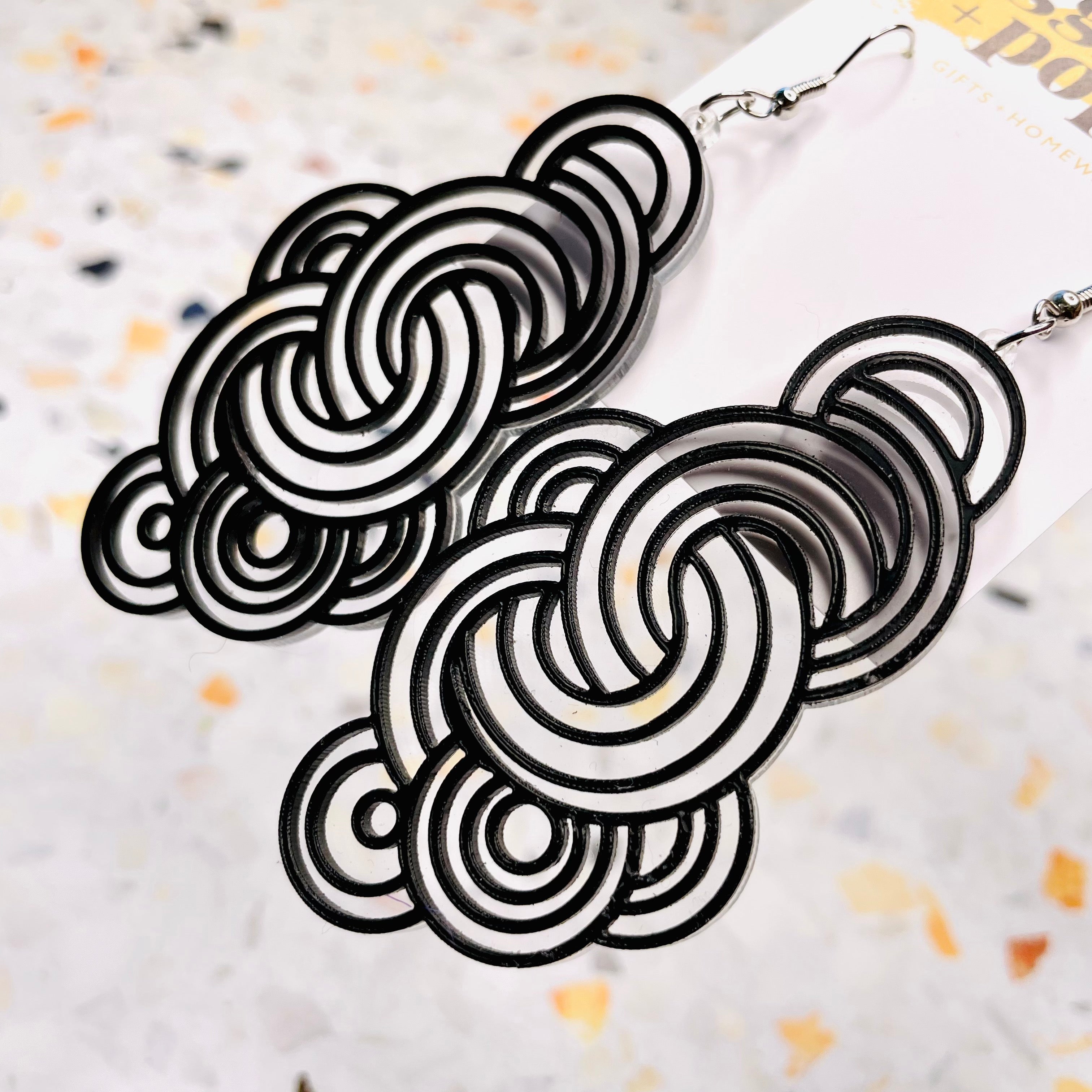 Black Geometric Swirl Earrings