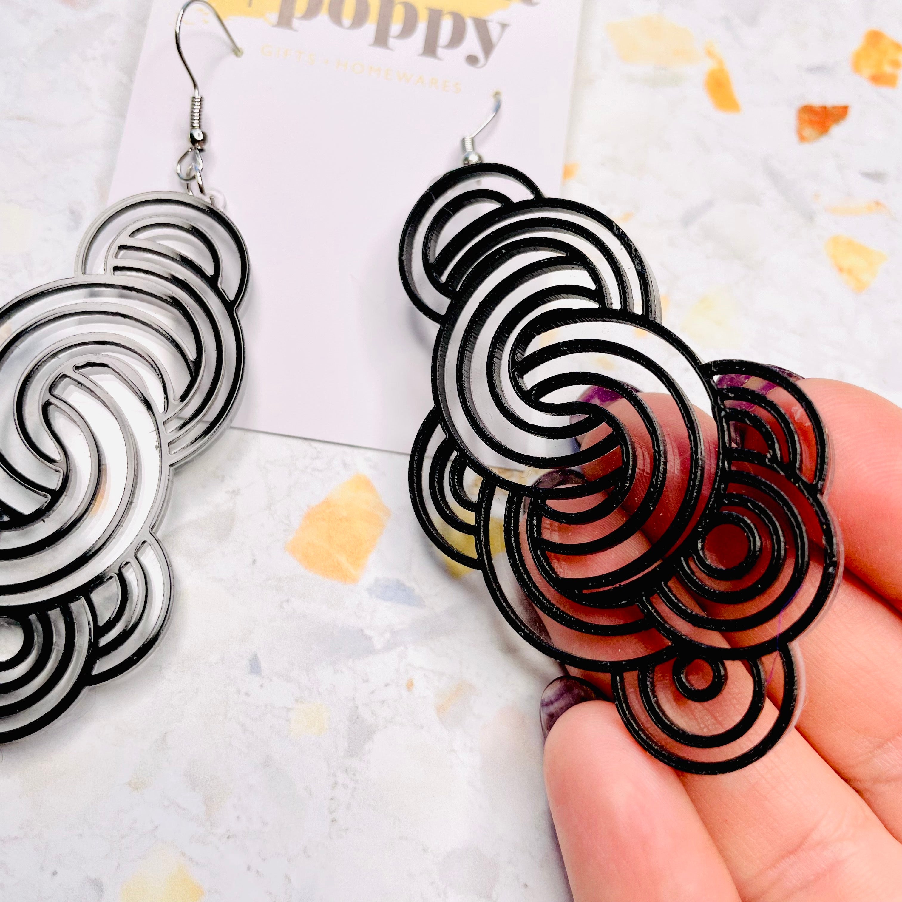 Black Geometric Swirl Earrings