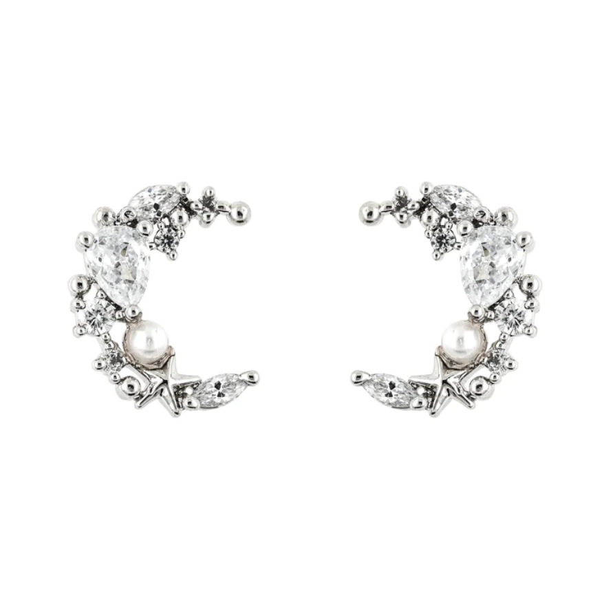 Earring - Diamante Moon Pearl (Silver)