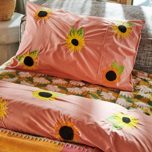 Embroidered Cotton Pillowcase 1P - Sunflower Sunshine
